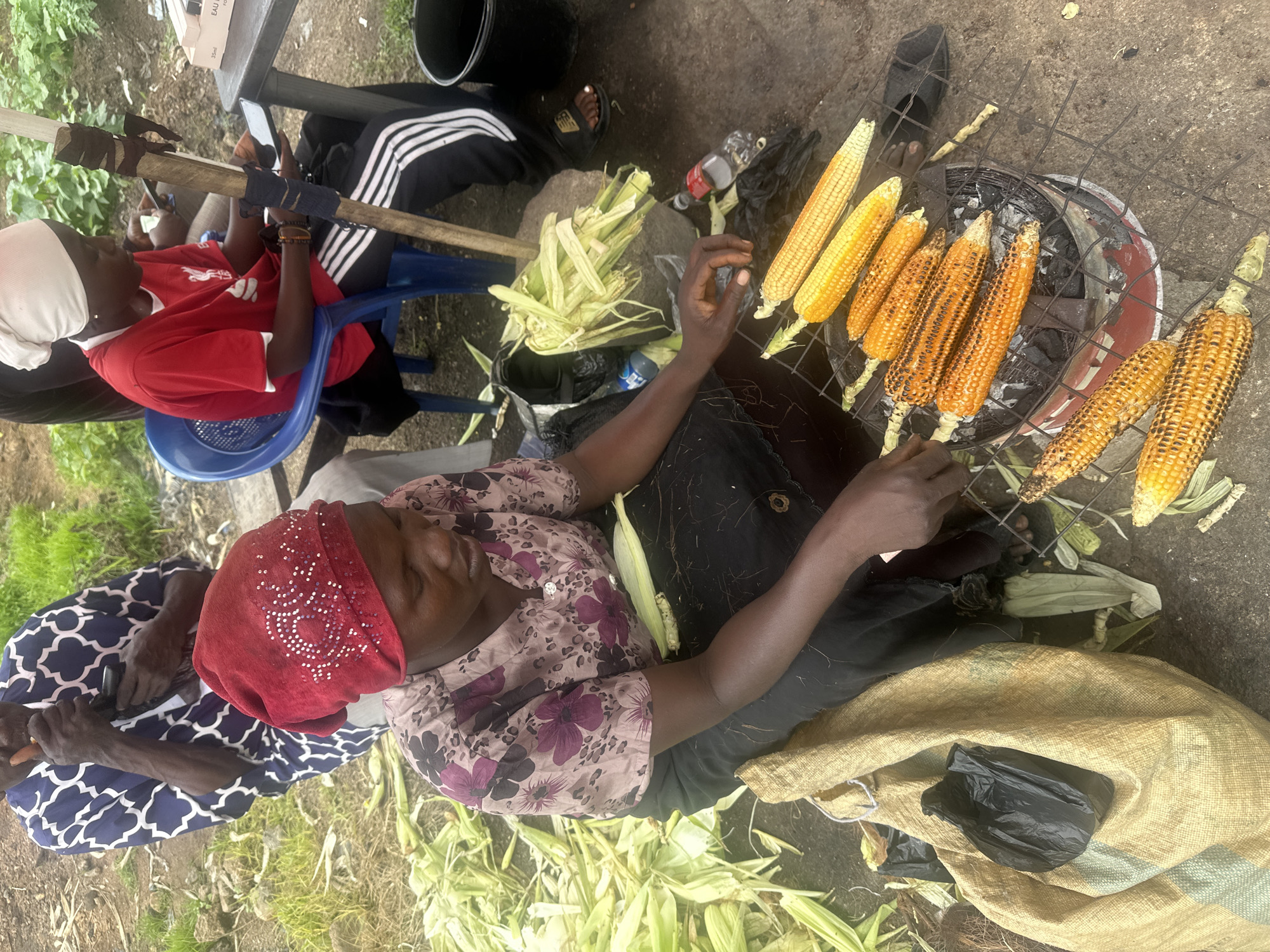 In Gura Top, Nigeria, a woman sits on a yellow jute sack, preparing to grill corn. She wears a floral print blouse and a red headscarf adorned with white beads. In front of her, on a charcoal grill, lie several ears of corn, some already roasted to a golden brown, while others are still being cooked. The ground around her is strewn with corn husks, suggesting a busy marketplace or roadside stall. In the background, a person in a blue and white patterned outfit is visible, along with others seated on chairs, possibly customers or fellow vendors. The environment appears to be outdoors, with vegetation visible in the background.