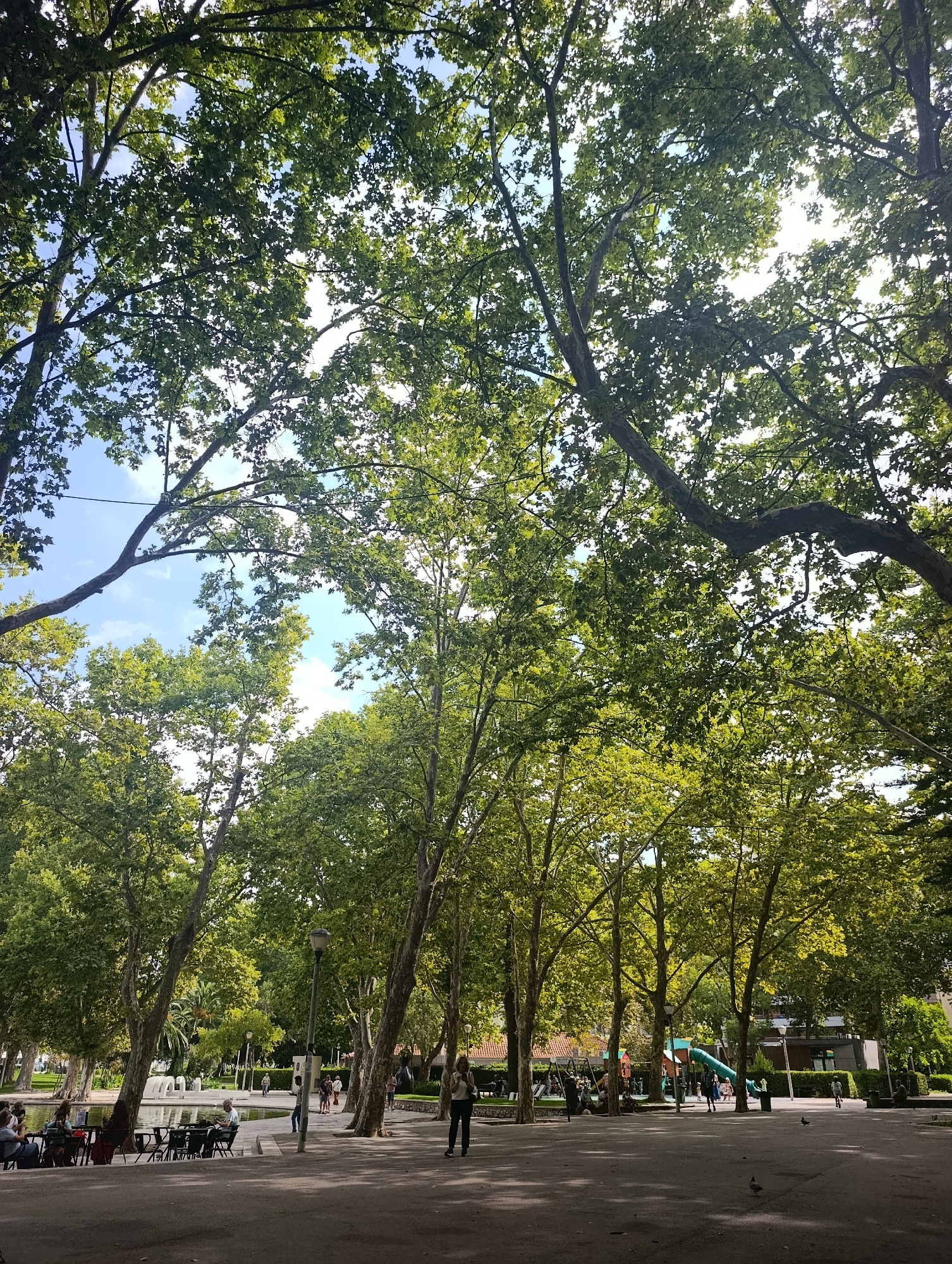 This is a photograph of the Avenida Luísa Todi park in Setúbal, Portugal, taken from a low angle looking up at the canopy of large trees. The sky is visible through the dense green foliage, with patches of blue and white clouds. The park itself appears to be a public space with pathways, seating areas, and a playground. In the foreground, there is a paved area with shadows cast by the trees. Several people are scattered throughout the park: some are seated at tables near a body of water, while others are walking or standing. A playground with slides and swings is visible in the background, with children playing. The overall impression is of a tranquil, shaded urban park on a bright day.