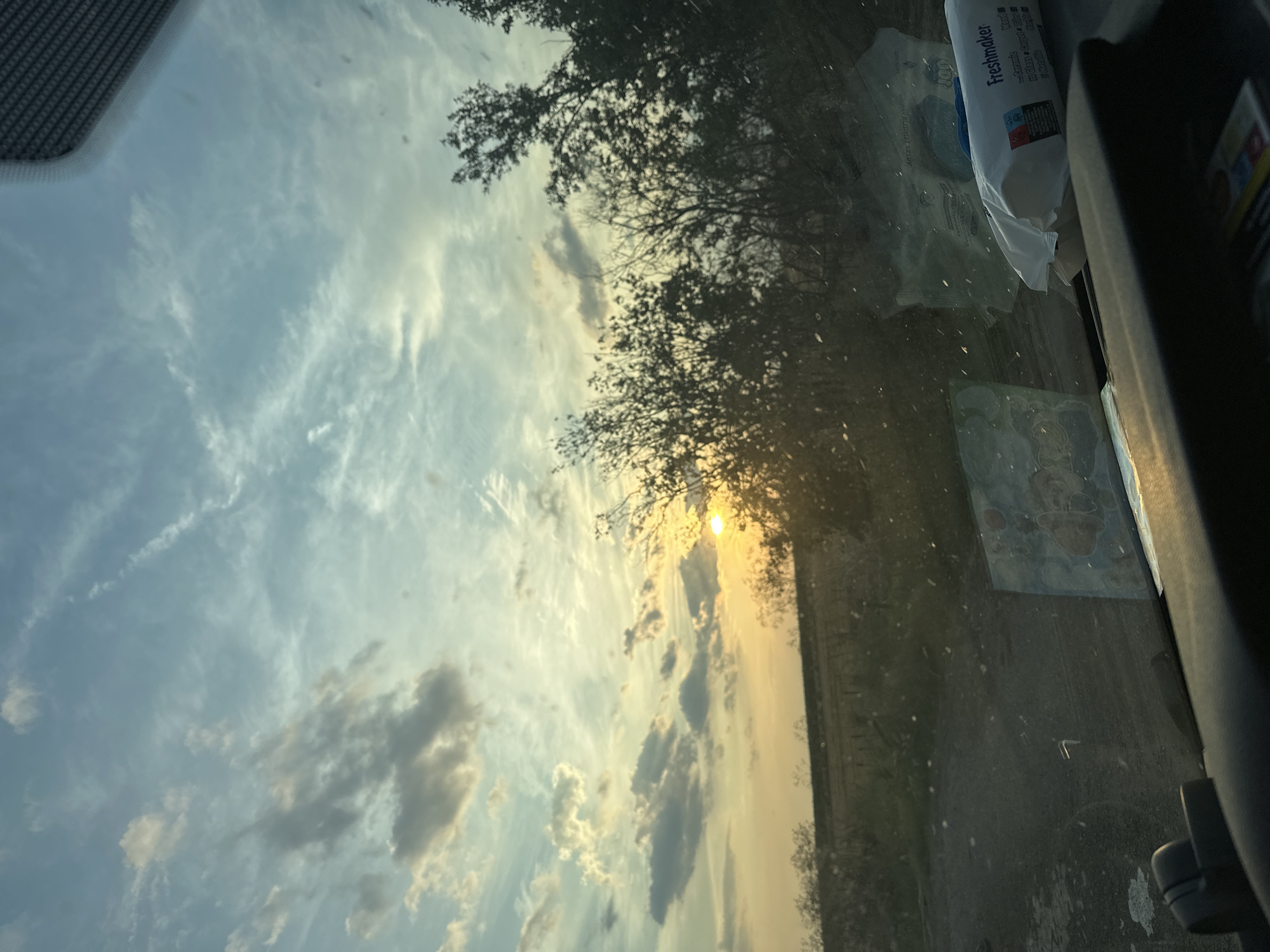 The image is taken from inside a vehicle, looking out through the windshield at a sunset. The sky is filled with a mix of blue and light orange clouds, with the sun peeking through on the right side of the frame. Silhouetted trees line the horizon, obscuring a field and a fence. The dashboard of the vehicle is visible in the foreground, with a package of "Freshmaker" wipes and other assorted items resting on it. The windshield is dusty and shows reflections of the sky and trees. The location is stated to be Mlekarevo, Bulgaria.
