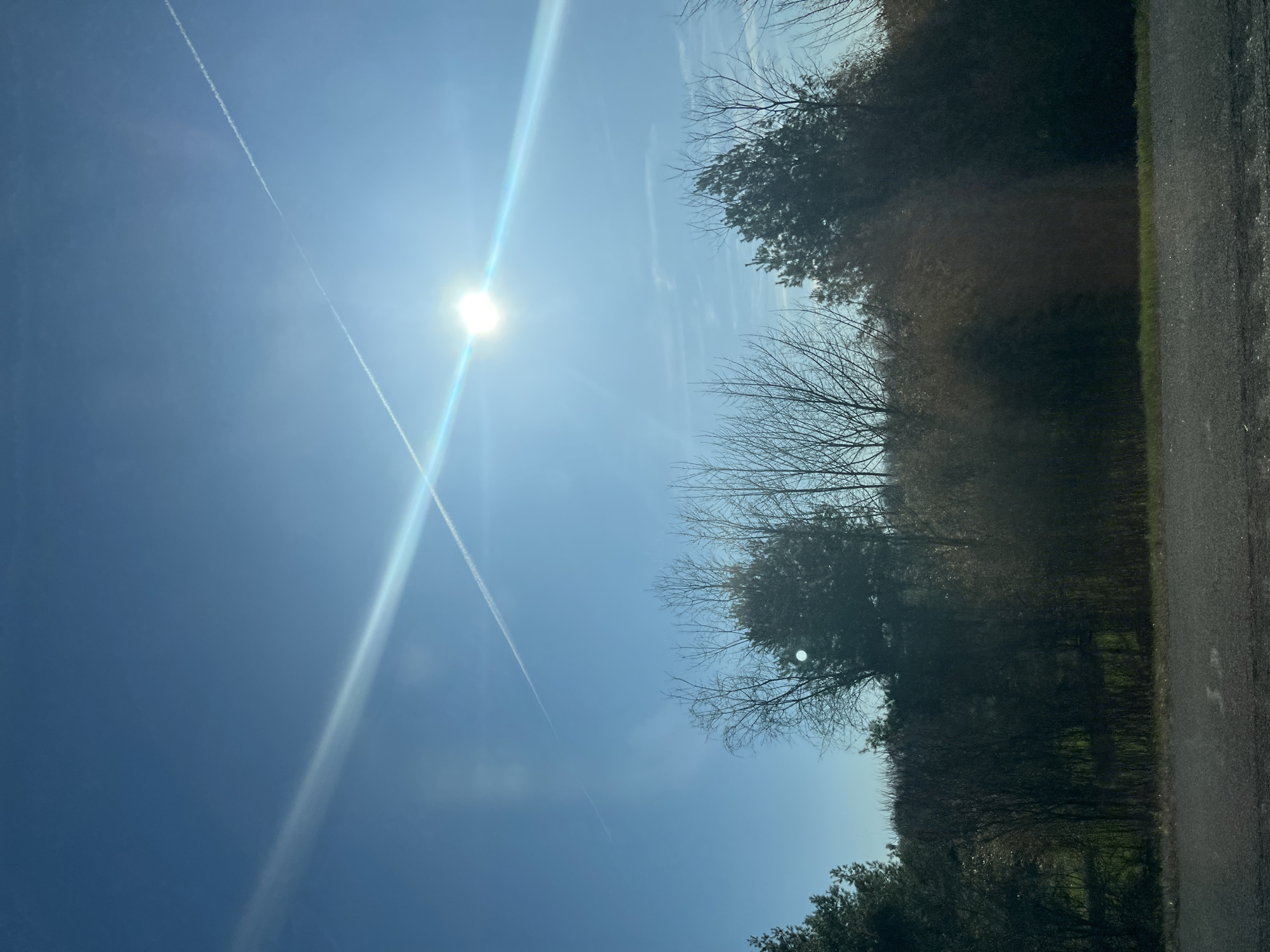 The image depicts a bright, sunny day with the sun prominently positioned in the sky. Two contrails are visible, intersecting near the sun. Trees line the right side of the frame, some with bare branches. A road is visible on the far right edge. The location is likely Wallkill, New York, United States. No people are visible. The environment is outdoors during daylight.