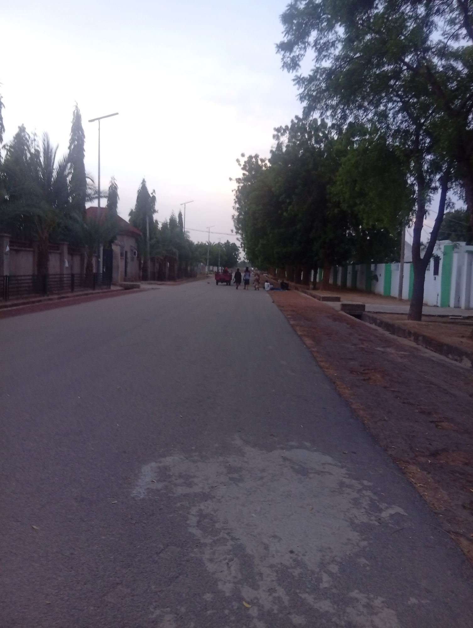 In Dutse, Nigeria, a paved road stretches into the distance under a cloudy sky, lined with trees and buildings. A few people are walking on the left side of the road, while a red tricycle is visible further down on the right. The environment appears to be a residential or administrative area, with fences and streetlights indicating infrastructure. The time of day seems to be late afternoon or early evening, with soft light casting shadows.