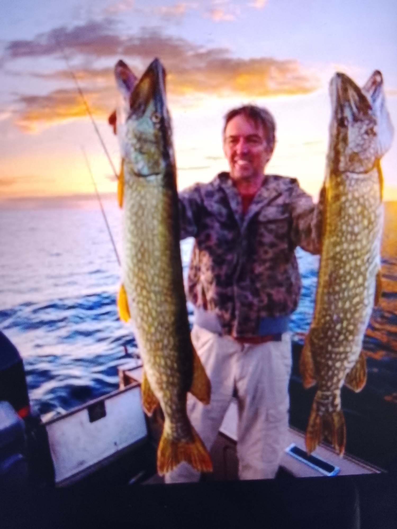 A smiling man stands on a boat at sunset, holding two large pike. The sky is filled with colorful clouds, and the water is choppy. The man is wearing a camouflage jacket and light-colored pants. The pike are long and slender with spotted patterns. One fish is held in each hand, and their mouths are open. The boat appears to be in a body of water, possibly a lake or river. The background suggests an outdoor, natural setting.