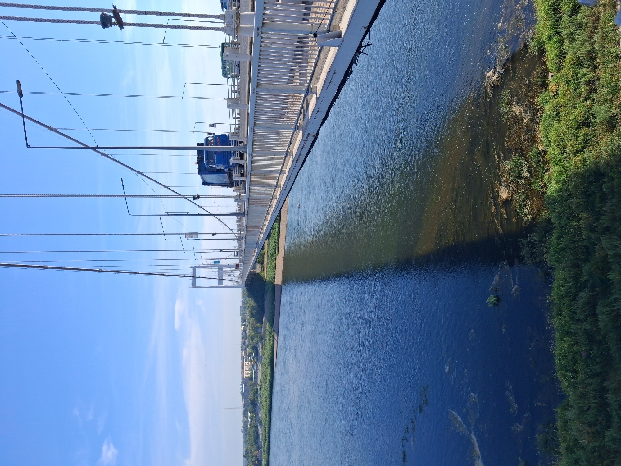 The image shows a suspension bridge spanning a wide, calm river in the city of Semey, Kazakhstan. The bridge features a light-colored deck with white railings and lampposts. A blue garbage truck is driving across the bridge, along with other vehicles in the distance, including a green bus. The river water is dark blue with patches of greenish algae or vegetation. The banks of the river are lined with green grass and some sparse vegetation. In the background, on the far bank, there is a cityscape with buildings and a tall antenna. The sky is a clear, bright blue with a few wispy clouds. The shadow of the bridge stretches across the river.