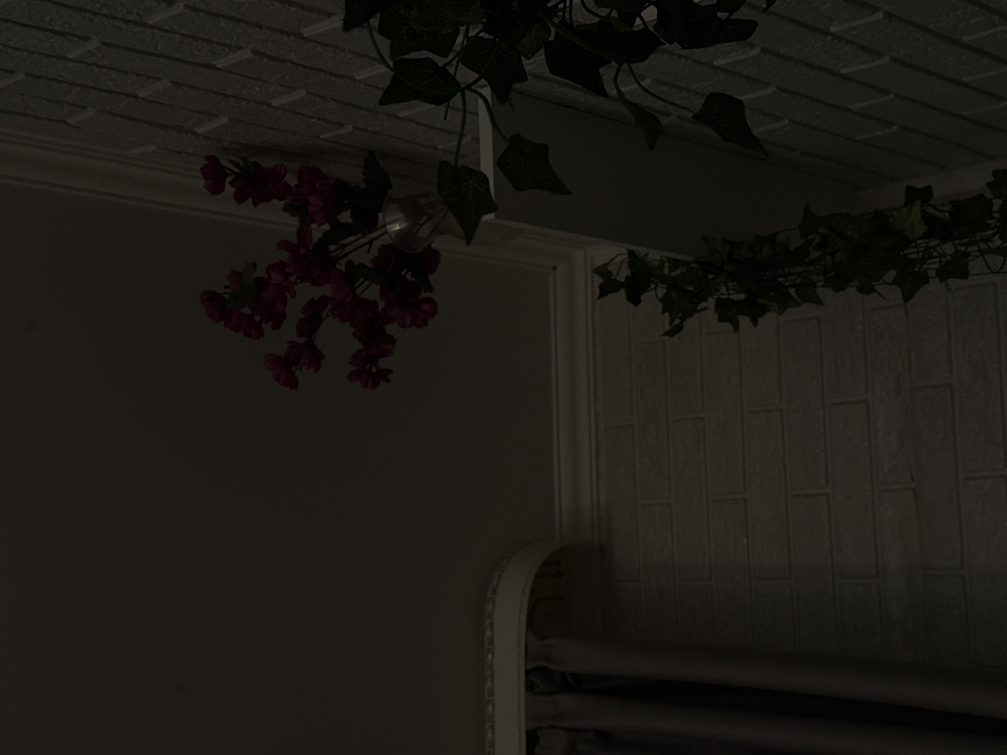 The image shows an interior scene with a white brick wall on the right and a darker wall or ceiling on the left. On the right, a white shelf juts out from the wall. On the shelf, a clear glass vase holds a bouquet of dark pink flowers. To the right of the shelf, a green vine with heart-shaped leaves hangs down. On the left side of the image, a gray curtain hangs from a decorative rod. The lighting is dim, suggesting it is nighttime or the room is poorly lit. No people are visible in the image. The scene does not provide any specific geographic markers that would allow for determination of its location in Kaluga, Russia.