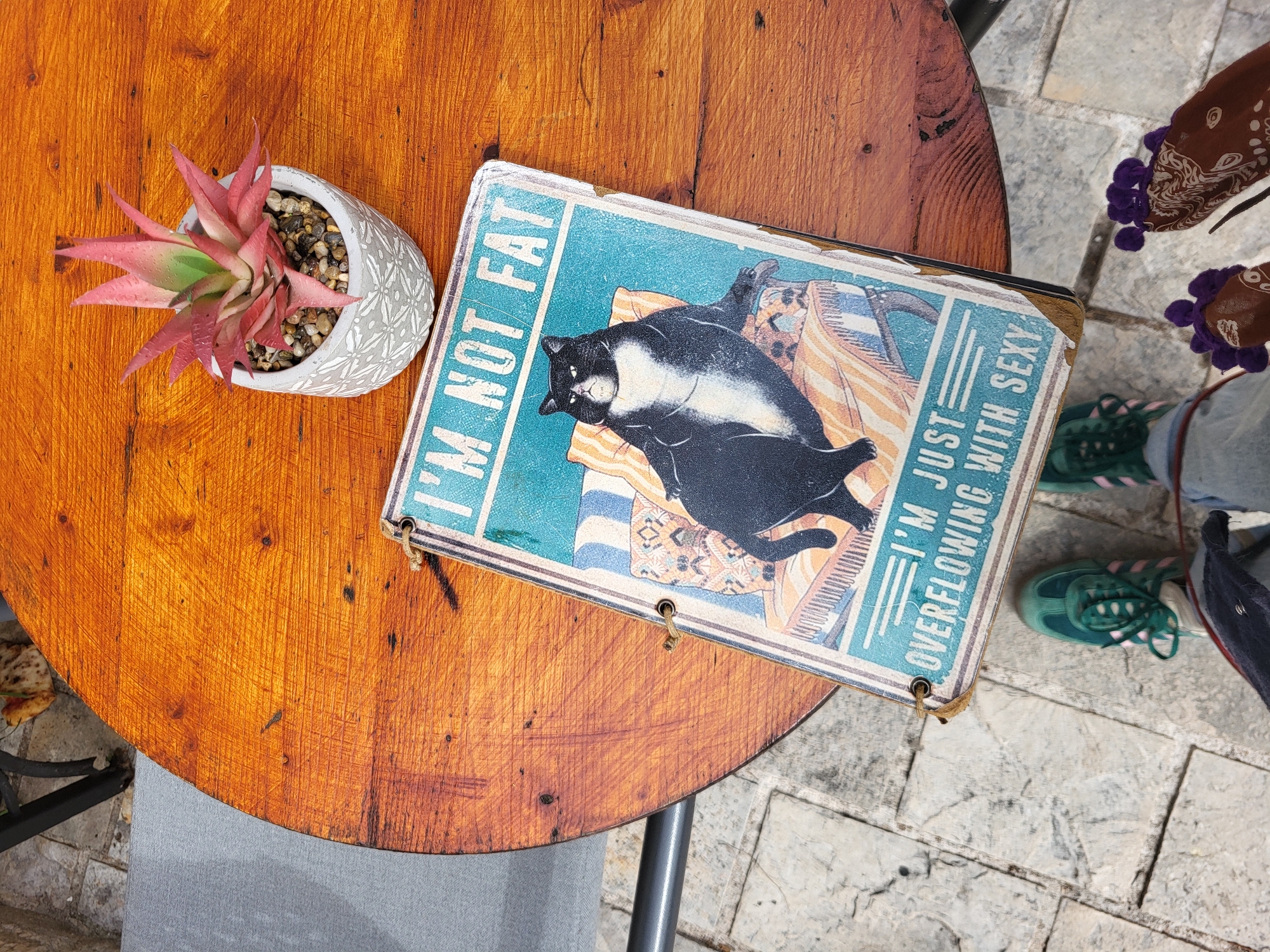 The scene is a close-up overhead shot of a round, wooden table on an outdoor patio, likely in Budva, Montenegro. The table, featuring visible wood grain, holds a small potted succulent plant with pink-tipped leaves and a rectangular sign. The sign displays an image of a black and white cat lounging on what appears to be a beach blanket or towel. Above the cat is the text "I'M NOT FAT" and below is the text "I'M JUST OVERFLOWING WITH SEXY". Adjacent to the table, visible on the paved ground, are feet wearing green sneakers, light jeans, and socks adorned with purple pom-poms. The background shows a stone-paved area, consistent with a Mediterranean outdoor setting.