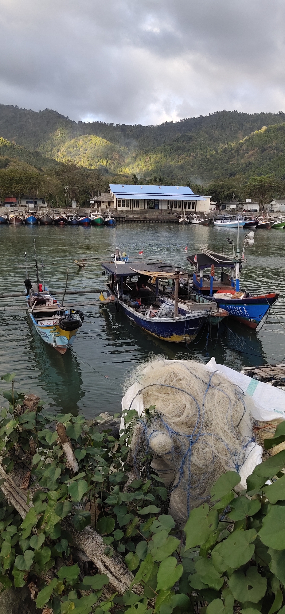 This is a vertical, eye-level shot of a harbor in Tasikmadu, Indonesia, likely in the late afternoon, given the lighting. The foreground is dominated by lush green foliage and weathered wooden debris on the left, with a large pile of fishing nets, partially covered by a white tarp, on the right.
In the midground, several fishing boats are moored on calm, dark water. The closest boat to the left is small, painted yellow and blue, with a black outboard motor. To its right, a larger, blue and yellow boat is tied alongside another vessel. This second boat, also blue and yellow, has a black canopy and appears to have at least two individuals inside, seated and mostly obscured. A red and white Indonesian flag is visible on its canopy. To the right of these boats, another blue boat with "VINKA" written on its side is tied up.
In the background, a long, white building with a light blue, pitched roof and numerous windows stands on a raised concrete pier. Beyond the building, a steep, heavily forested hill rises, with patches of sunlight illuminating the dense green foliage. The sky is overcast with dramatic, light-colored clouds. The overall impression is of a working fishing harbor with a backdrop of natural landscape.