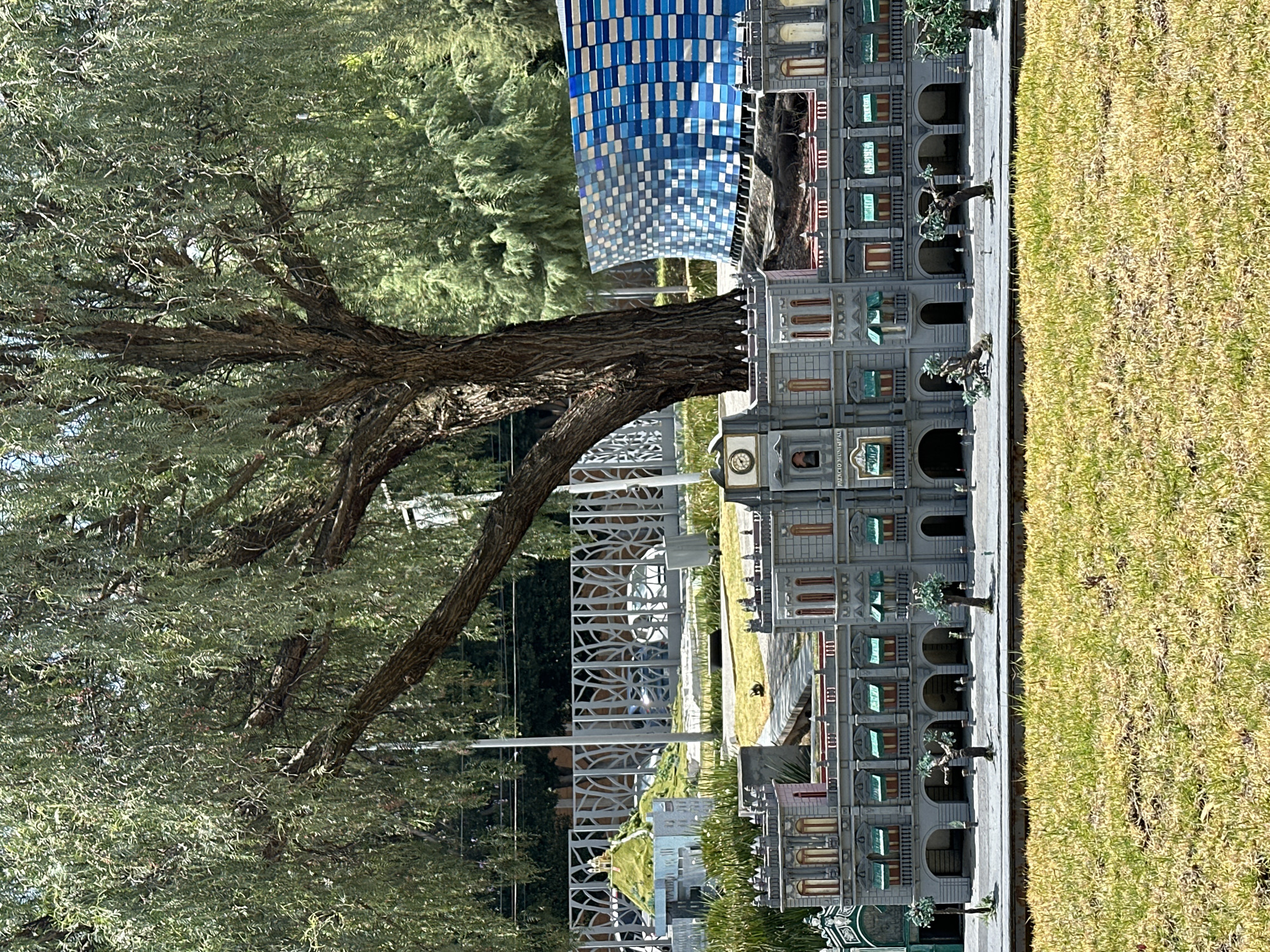 The image depicts a miniature recreation of the historic center of Puebla, Mexico, likely located in a park or garden setting. The miniature buildings are predominantly gray, with architectural details resembling the actual buildings in Puebla, including arched windows and decorative elements. A building with a blue and white checkered pattern, perhaps a modern structure, is visible in the background.
A full-size tree with green foliage stands beside the miniatures, giving a sense of scale. A white, decorative fence is positioned behind some of the miniature buildings. A grassy area is visible to the right of the miniature buildings, suggesting a lawn or park setting. Small figurines or details are placed around the miniature buildings to simulate people and activity. The lighting suggests it is daytime, and the scene is captured from a slightly elevated perspective.