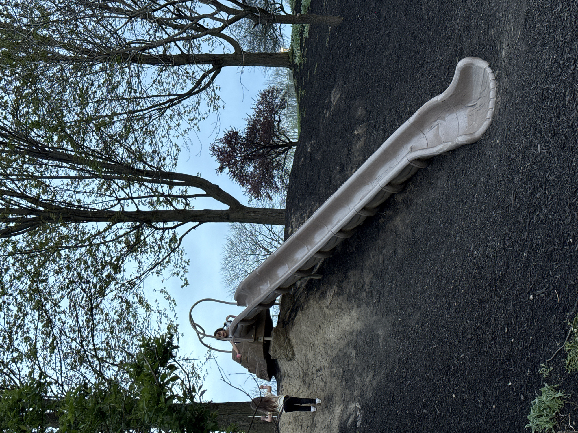 A slide is prominently positioned on a black rubber surface, likely at a playground. Two individuals are visible: one at the top of the slide and another standing below, possibly holding a stick. Trees surround the area, with some having foliage and others without. The scene is set against a pale blue sky. The location is likely a public park in Grove City, USA.
