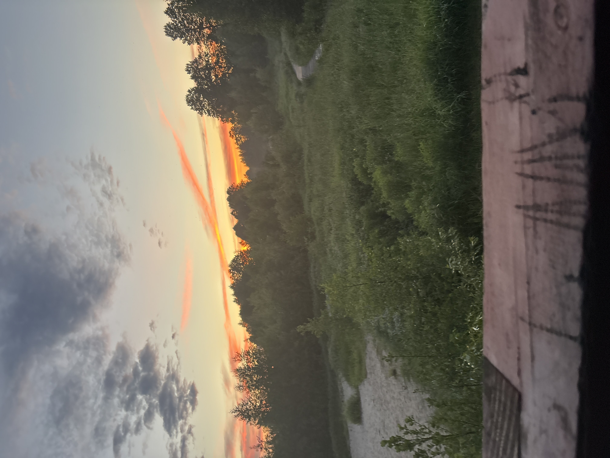 The image shows a natural landscape at sunset. The sky is filled with soft clouds tinged with orange and pink hues from the setting sun. A line of trees forms a dark silhouette against the colorful sky, with a meadow of tall green grass in the foreground. A sandy area is visible to the left, and a winding path curves through the grass on the right. A wooden railing is in the foreground, obscuring the lower part of the scene. There are no people or animals visible. The location is described as being in the city of Unknown, Unknown.