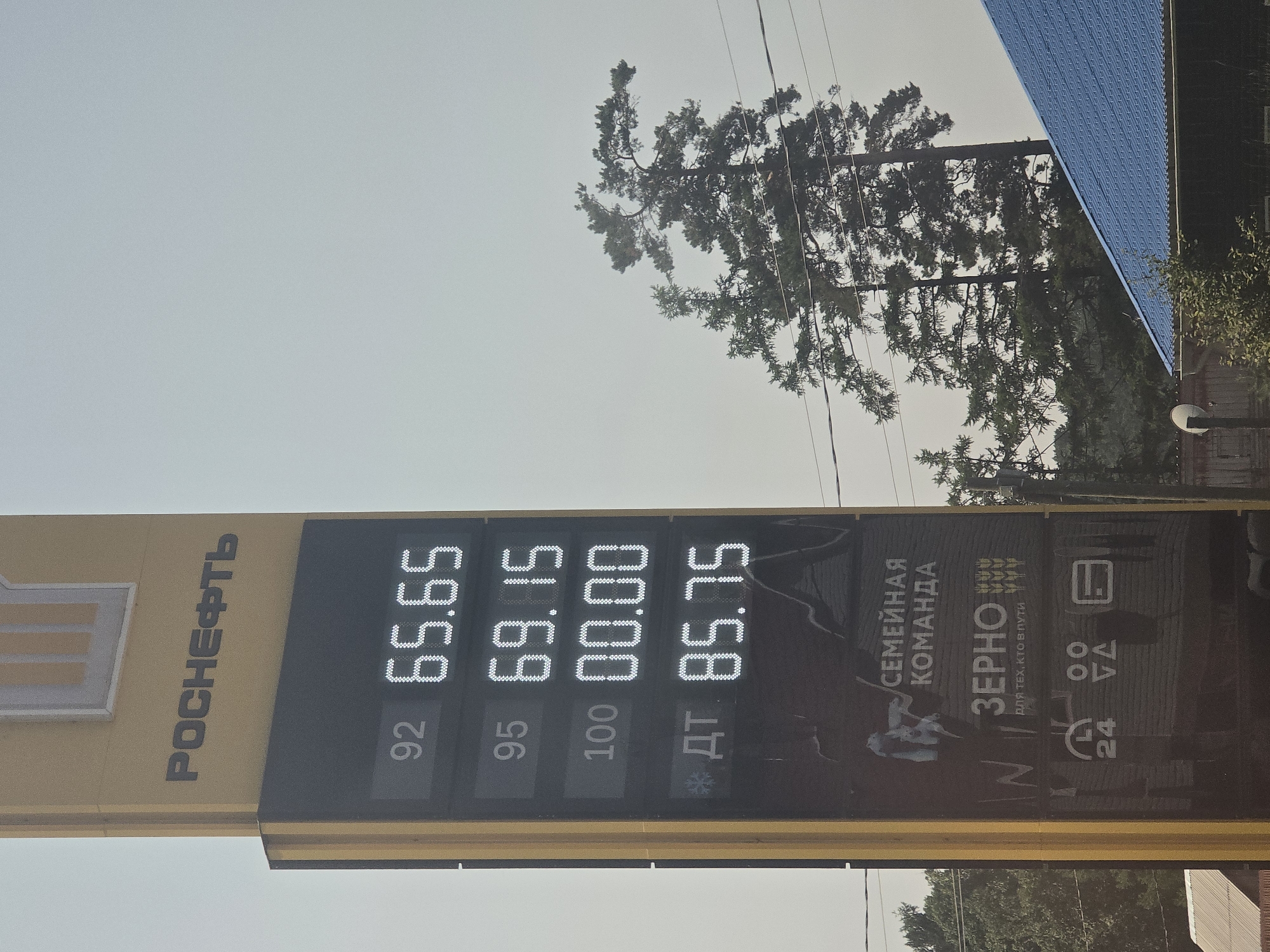 In Turka, Russia, a tall, yellow gas station sign displays fuel prices. The top of the sign prominently features the "ROSNEFT" logo. Below the logo, a digital display shows prices for different fuel grades: 92 octane gasoline at 65.65 rubles, 95 octane gasoline at 69.15 rubles, 100 octane gasoline at 00.00 rubles, and diesel fuel at 85.75 rubles. The lower section of the sign contains advertisements and icons. One prominent ad reads "СЕМЕЙНАЯ КОМАНДА" (Family Team) and "ЗЕРНО" (Grain) with the tagline "ДЛЯ ТЕХ, КТО В ПУТИ" (For those on the road). Below this are icons representing 24-hour service, a family, and a credit card. The sign is positioned outdoors, with trees, power lines, and a blue-roofed building visible in the background against a hazy sky.