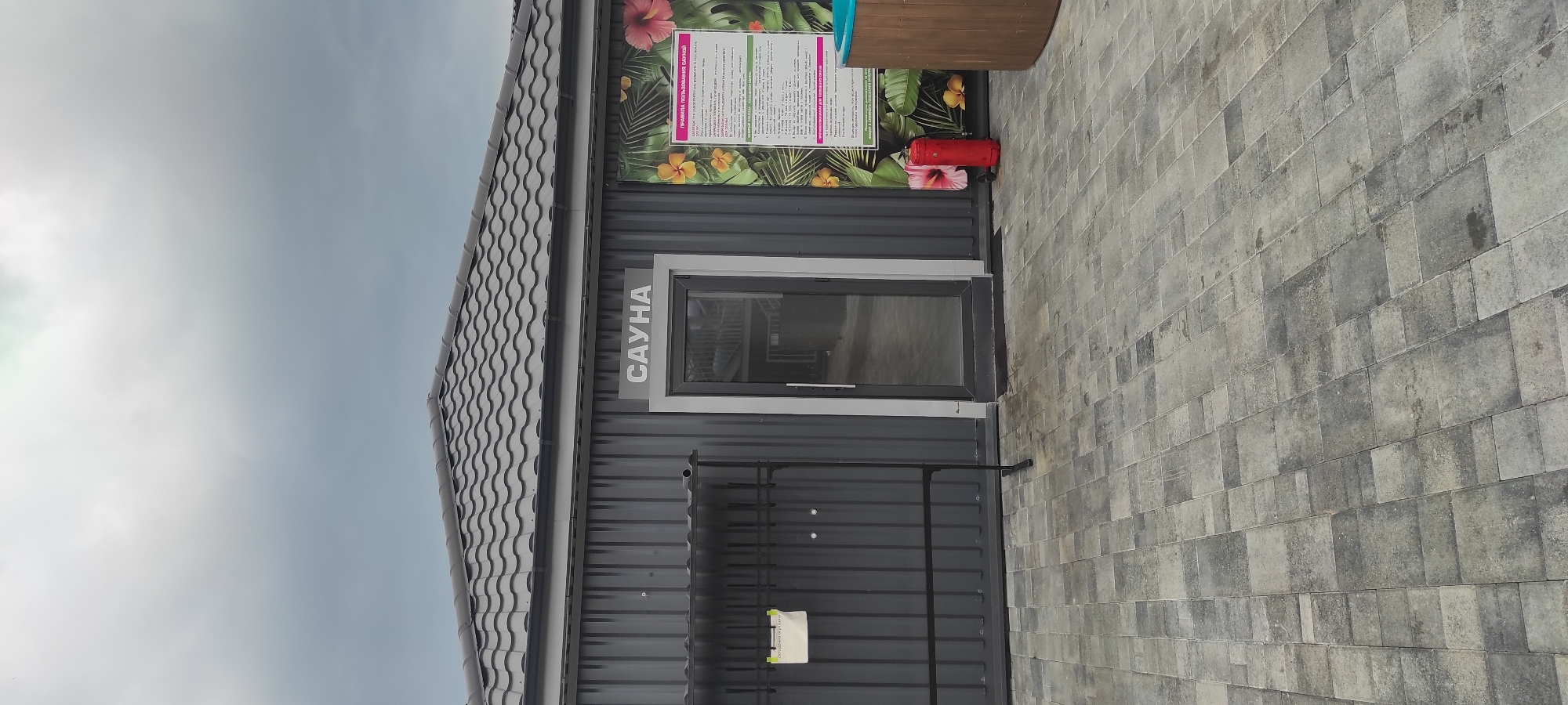 This media file depicts the exterior of a sauna building, likely located in Tulskiy, Russia. The building features a dark, corrugated metal facade and a grey, wavy-patterned roof. Above a rectangular window, a sign reads "САУНА" in large, white, capital letters. To the left of the sign, a colorful mural displays tropical flowers and leaves, adding a touch of vibrancy to the otherwise industrial aesthetic. A bright red fire extinguisher is mounted to the wall near the mural.
The ground in front of the building is paved with grey rectangular tiles, laid in a staggered pattern. The sky above is overcast and pale, suggesting either early morning, late afternoon, or a generally cloudy day. There are no people visible in the scene. The overall impression is one of a functional, perhaps recently constructed, outdoor sauna facility. The presence of the fire extinguisher and the informational posters (partially visible) suggest safety and regulatory compliance. The image is captured from a slightly low angle, emphasizing the building and its surroundings.