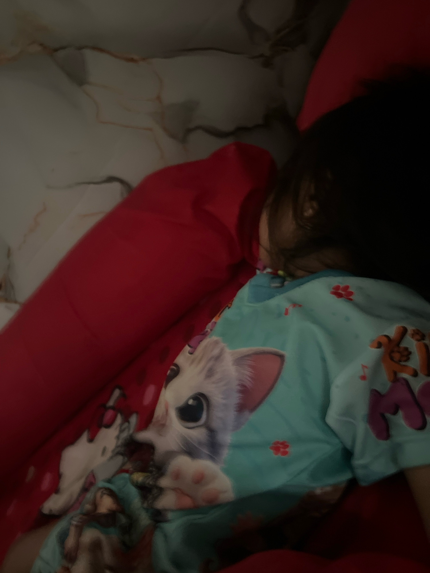 A young child is sleeping on their side, nestled between a red pillow and what appears to be a patterned mattress. The child is wearing a light blue t-shirt with a cartoon cat graphic and paw prints. The background shows a textured surface that may be a wall or bedding, with subtle marble-like patterns. The lighting is dim, suggesting an indoor setting, possibly a bedroom in Kecamatan Pati, Indonesia.
