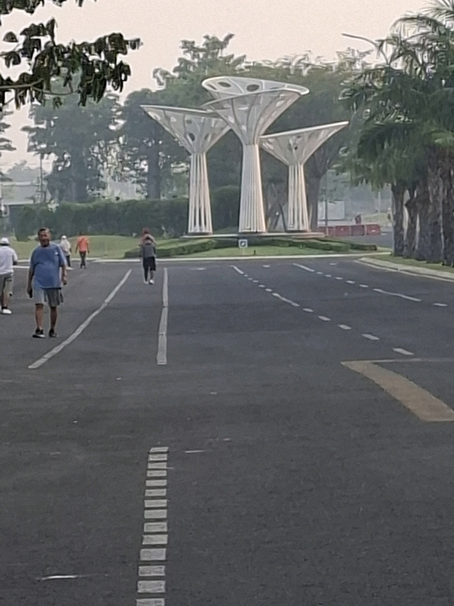 The image depicts a wide asphalt road with white lane markings, possibly in a park or a modern urban area, with a prominent, abstract sculpture resembling stylized trees in the background. The sculpture is white and appears to be made of metal and possibly some translucent material, with multiple branching elements supporting flat, disc-like tops. The sculpture is situated on a circular island surrounded by greenery.
In the foreground, several individuals are visible walking on the road. On the left, a man wearing a blue t-shirt and shorts is walking towards the camera, holding a phone. Behind him, another person in a white hat and light-colored shorts is also walking. Further back and to the right, a person in a dark outfit with a backpack is walking away from the camera. Other individuals are visible in the background, including one in an orange shirt walking further down the road.
The environment appears to be outdoors, with trees lining the right side of the road, some of which are tall and leafy, suggesting a tropical or subtropical climate. The sky is overcast and hazy, indicating potential fog or smog. The overall impression is one of a serene morning or late afternoon scene in a well-maintained public space.
While the exact location in Surabaya, Indonesia, is not explicitly stated in the image, the style of the sculpture and the surrounding landscape are consistent with modern public art installations often found in developing city parks or recreational areas. Many such areas in Surabaya feature contemporary sculptures alongside extensive green spaces and well-maintained roads, often designed for pedestrian and recreational activities. The use of abstract, nature-inspired sculptures is a common trend in urban beautification projects across Indonesia.