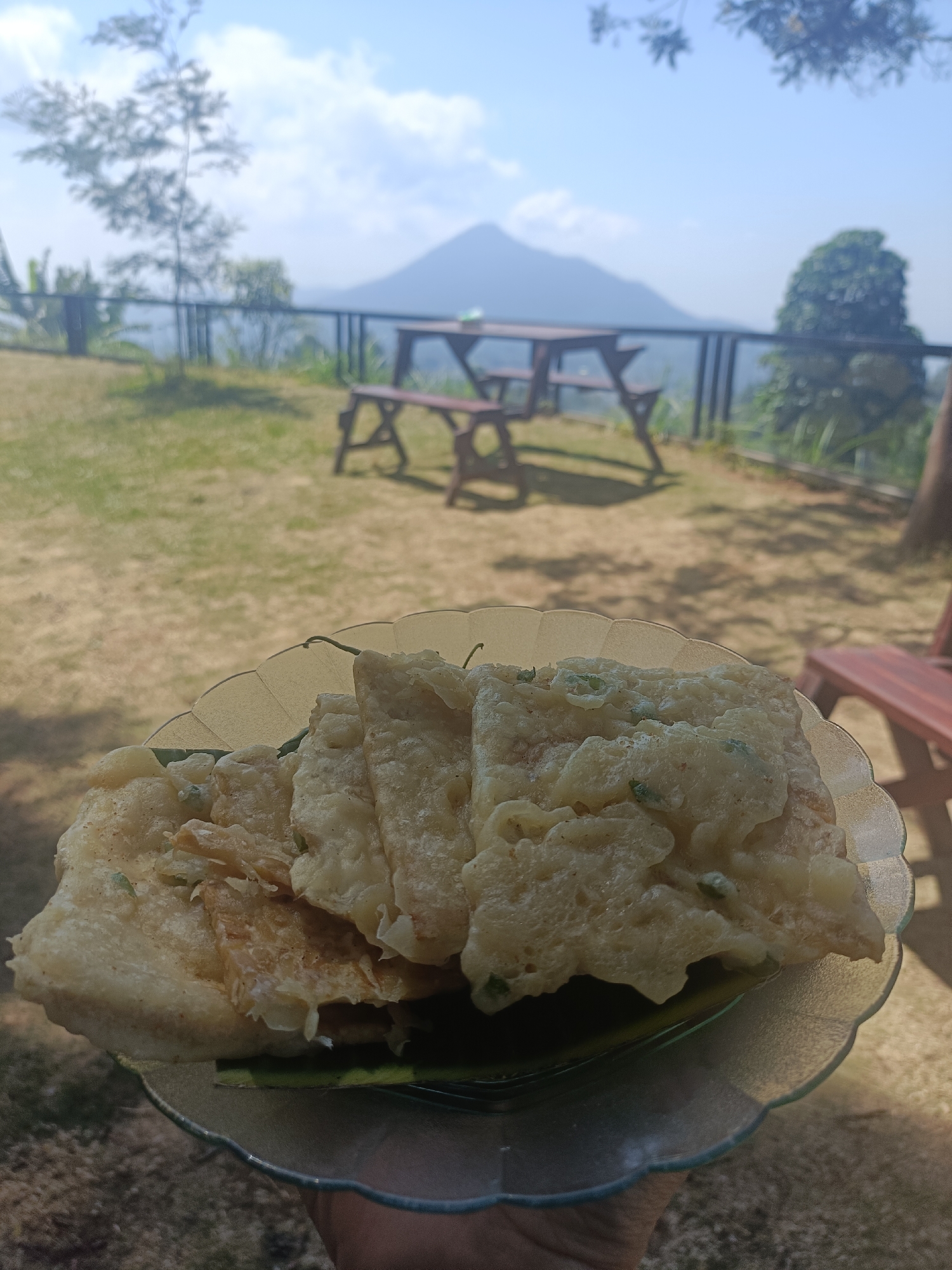 A hand holds a clear, scalloped-edge plate of fried tempeh, a traditional Indonesian food, in the foreground. The tempeh is golden brown and appears to be coated in a light batter, with visible pieces of green onion. The plate is positioned over a grassy, outdoor area. In the background, a serene natural landscape unfolds. A fence runs horizontally across the middle ground, separating the grassy area from a slightly elevated viewpoint. Beyond the fence, there are picnic tables and benches situated on the grass, suggesting a dining or recreational area. Further in the distance, rolling hills and a prominent, mist-shrouded mountain peak dominate the horizon under a clear blue sky with scattered white clouds. The overall scene evokes a sense of calm and enjoyment of both food and scenery, likely at a restaurant or scenic overlook in Kopeng, Indonesia.
