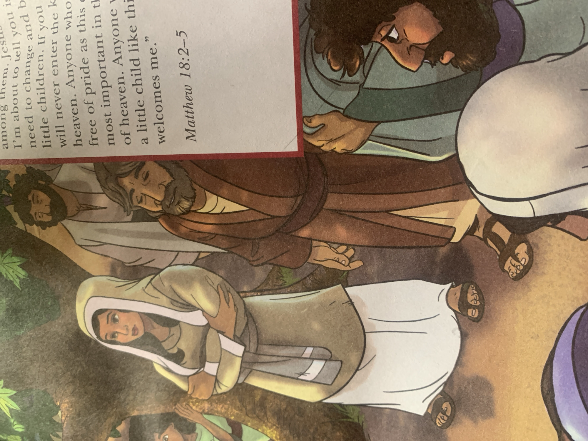 The image is an illustration depicting a biblical scene with several people. In the foreground, a woman with a head covering stands with her arms crossed. To her right is a man with a beard, wearing a brown robe. Behind them, other figures are partially visible, including a person in a light-colored robe. To the right side of the image, text is visible, reading "Matthew 18:2-5". The style of the illustration is colorful and somewhat stylized. The image does not contain any elements that can be used to identify a location in Jauro Yinu, Nigeria, or any other specific geographic location.