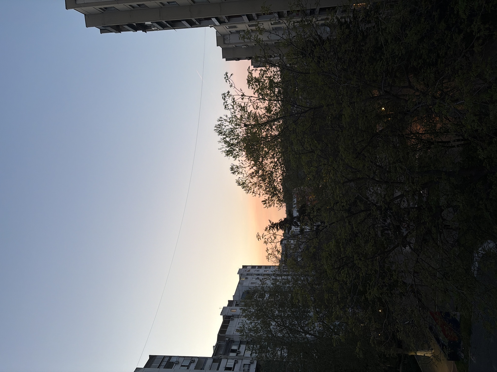 The image depicts an urban residential area in Belgrade, Serbia, captured during either sunrise or sunset. The sky displays a striking color gradient, transitioning from a soft, pale blue on the left side to a warm, peachy-pink and orange glow on the right, suggesting the twilight hours. A faint, white aircraft contrail is visible streaking across the upper left portion of the sky, and a thin, dark line, possibly a utility wire or cable, crosses diagonally through the center of the frame.
Several multi-story apartment buildings, characterized by their concrete facades and numerous windows, are integrated into the scene. One building is partially visible along the top edge, while another, more prominent structure, rises from the lower right, partially illuminated by the ambient light. Many windows are open, and air conditioning units are affixed to the building facades.
Dense, deciduous trees with dark green foliage are abundant, particularly on the right side of the image. Their branches and leaves fill a significant portion of the frame, partially obscuring the buildings and casting deep shadows, especially in the lower right. The overall atmosphere is serene and quiet, with no people or explicit activities visible. There is no discernible text within the image.