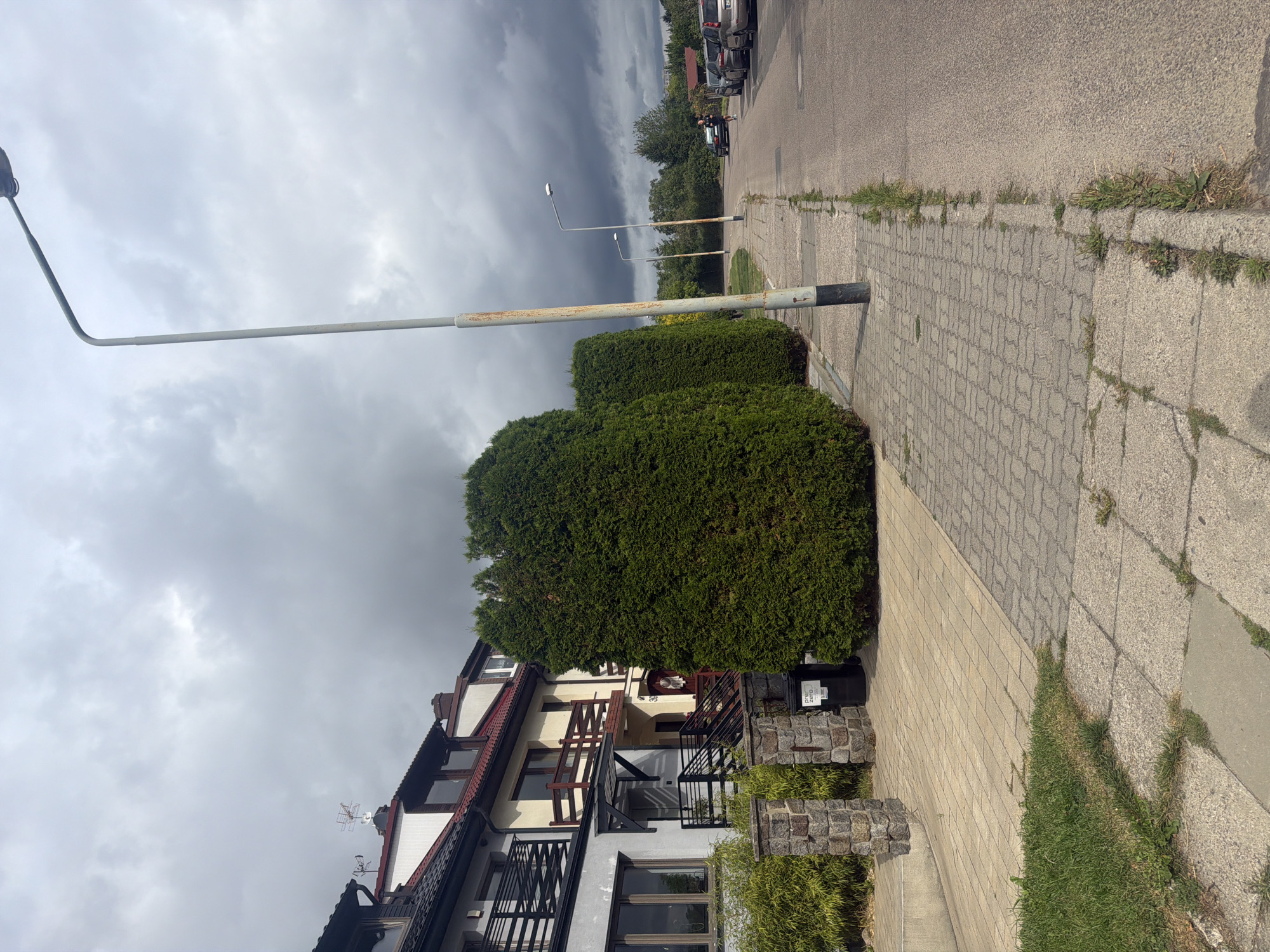 The image depicts a street in Szczecin, Poland, on a cloudy day. The street is lined with houses and tall, manicured evergreen trees. A sidewalk runs alongside the street, with a lamppost and a trash bin visible on the sidewalk. The road is paved and appears to be a residential street. Several cars are parked on the side of the road, and a person is jogging in the distance. The overall impression is one of a quiet, suburban neighborhood.