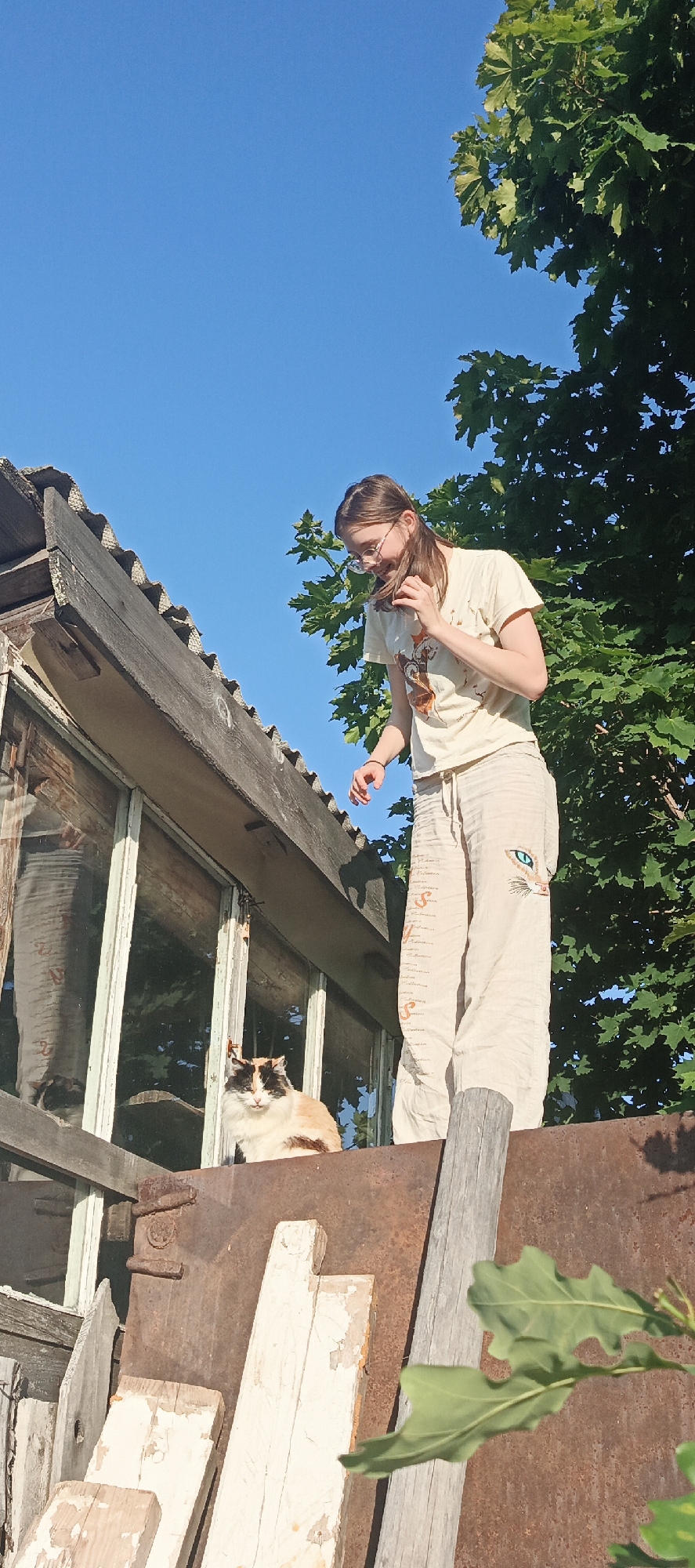 A young person with glasses and long brown hair, wearing a light-colored t-shirt and patterned pants, stands on a rustic, weathered structure outdoors, looking down. Next to them, a calico cat with orange, black, and white fur sits on the same structure. The background consists of a clear blue sky and lush green tree foliage. To the left, a dilapidated wooden structure with corrugated roofing and glass panes is visible. The overall environment suggests a rural or semi-rural setting, possibly in the village of Vanki, Russia. The lighting indicates it is daytime with bright sunlight.