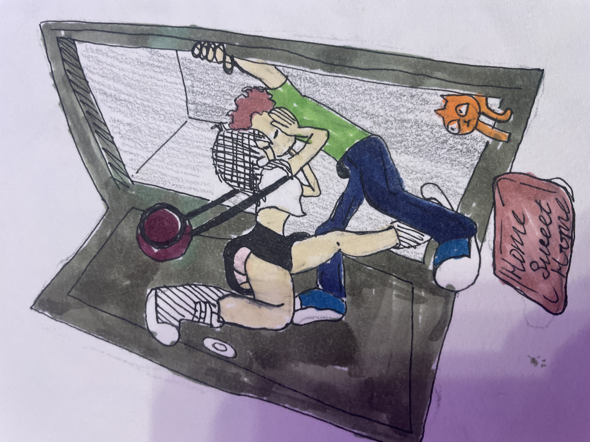 A drawing depicts an open doorway with two figures in a compromising position. On the left, a figure wearing striped socks and white sneakers is positioned vertically, with their body bent at the waist. Their face is obscured. They are holding onto a dark, circular object with a handle that extends upwards. On the right, a figure with red, curly hair wearing a green shirt and blue pants is leaning against the doorframe, with their right arm extended upwards and their left hand covering their face. Their body is angled towards the other figure. A small, orange cat with wide eyes is peeking out from the right side of the doorframe. In the lower left corner, a doormat with the words "Home Sweet Home" written in red script is visible. The scene appears to be indoors, near an entrance.