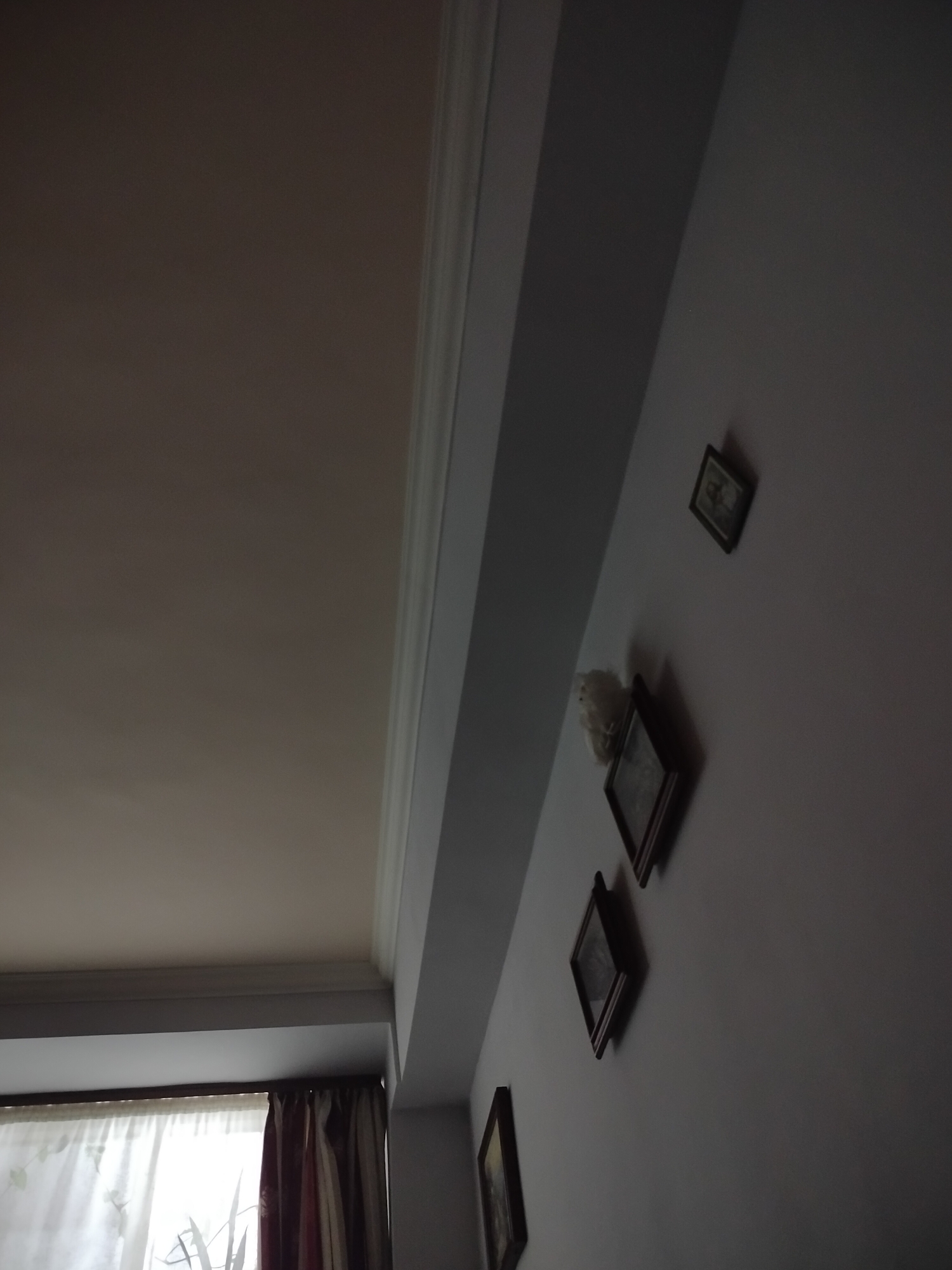 The image depicts a dimly lit interior scene in Yerevan, Armenia. The view is angled upwards, capturing a portion of the ceiling, a wall, and a window. The ceiling is white and meets the wall at a decorative molding. The wall is a light grey color and features a series of framed pictures descending vertically. A small, possibly decorative, white object is positioned between two of the frames. To the left, a window is visible, partially covered by white and maroon curtains. Light is streaming through the window.