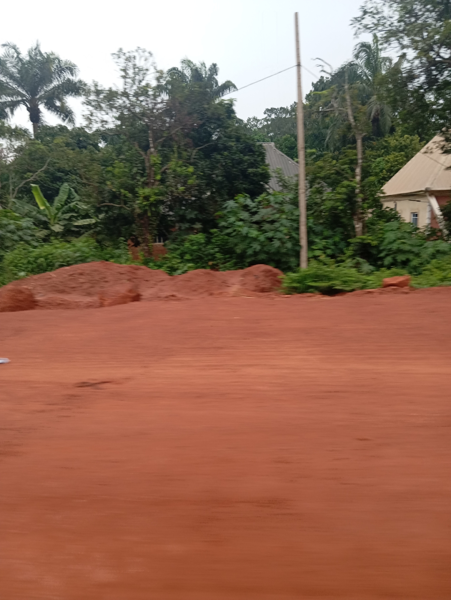 This is a photograph taken on a reddish-brown dirt road, possibly in Nsukka, Nigeria. In the foreground, the road takes up the majority of the frame, with a blurred texture suggesting motion or a soft focus. Towards the middle ground, a pile of reddish-brown soil or dirt is visible on the left. Beyond the dirt pile, a lush green vegetation is abundant, featuring various trees and foliage. In the background, partially obscured by trees, are two buildings with angled roofs. One building on the right has a light-colored roof and a portion of its wall visible. The other building, further to the left, has a grey roof. A thin, tall wooden pole, likely a utility pole, stands prominently in the middle ground, with a wire extending from it towards the left. The sky is overcast and light in color, suggesting a cloudy day.