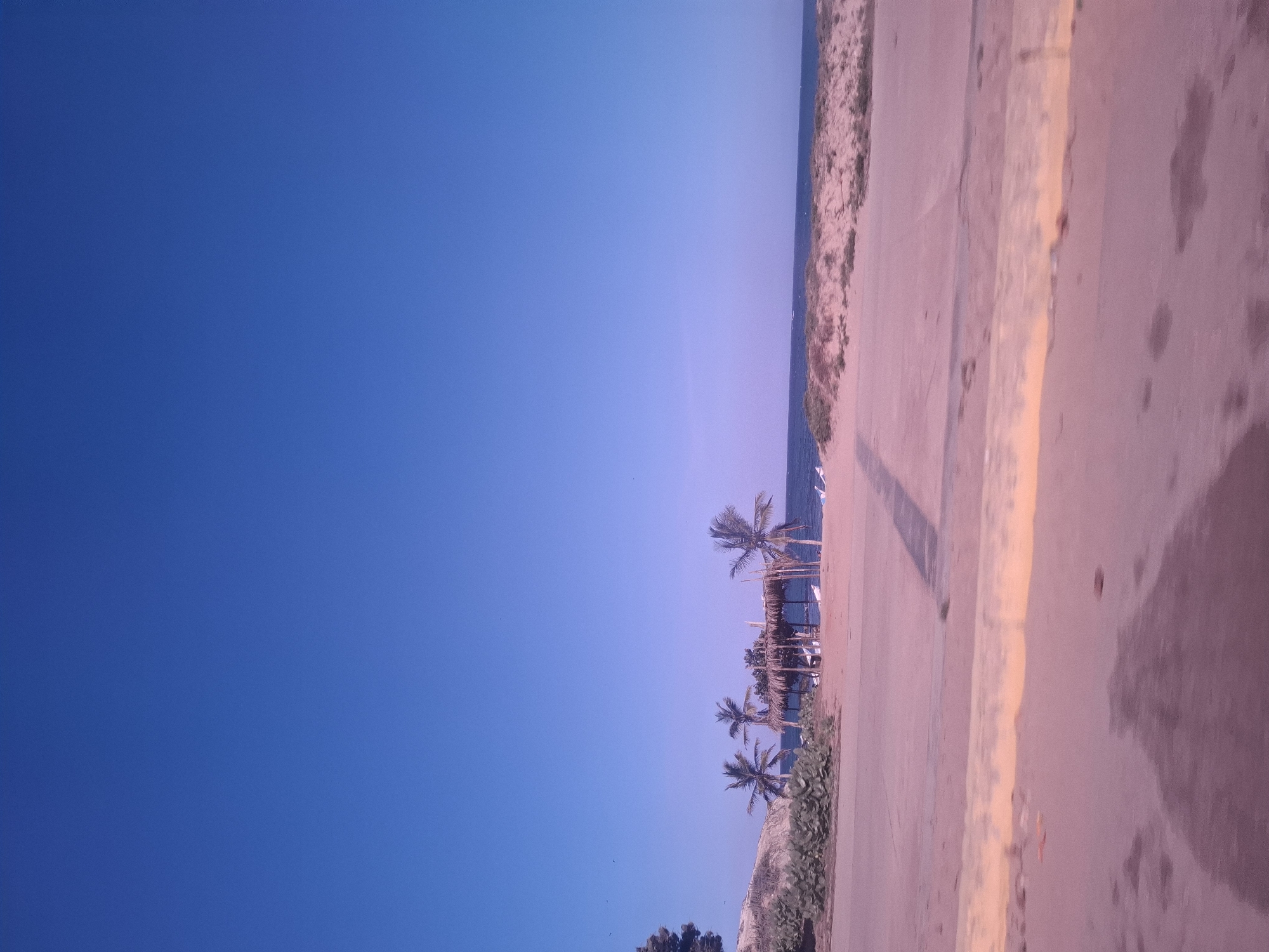The image displays a vibrant coastal landscape, originally rotated 90 degrees clockwise, showing a wide expanse of clear blue sky dominating the upper portion. Below the sky, a calm blue ocean meets a sandy beach or dune along the horizon line.
On the left side of the frame, a group of tall palm trees with green fronds is visible on the beach. Several small structures, possibly thatched huts or shelters, are nestled among the trees. Further out on the water, distant white shapes suggest boats or other small watercraft.
The right side of the image features a wide, paved or concrete path that extends towards the viewer. This path exhibits a strong pinkish-purple hue and has a bright yellow line or curb running along its edge, parallel to the coastline. A long, distinct dark shadow is cast diagonally across the path, indicating an unseen object. The paved surface shows some wear, with visible stains or marks. Green vegetation grows along the edge of the path where it transitions into the sandy area.
The scene depicts a sunny day, likely mid-day given the clear skies and lighting. The atmosphere appears tranquil and devoid of prominent human activity. The overall setting is a tropical beach, with the specified location being Playa Parguito, Venezuela. No visible text is present in the image.
