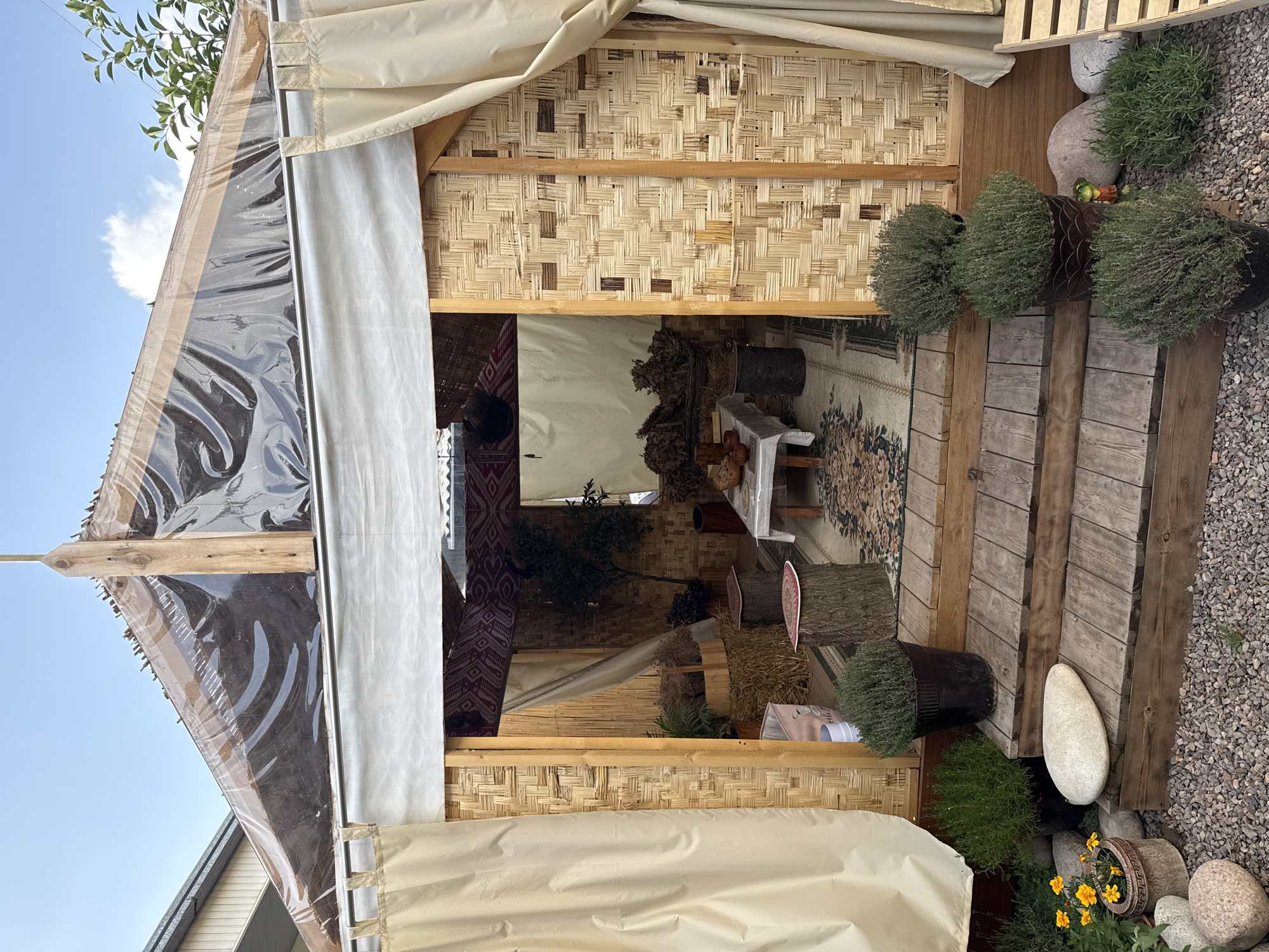 The image shows a sukkah, a temporary dwelling constructed for use during the Jewish festival of Sukkot. It is located outdoors, likely in a yard or garden in Tashkent, Uzbekistan. The sukkah has walls constructed from woven bamboo. The roof is partially covered with a translucent plastic material and cloth, allowing some visibility to the sky. Inside the sukkah, there's a table with a white tablecloth and various decorative items. There are plants in pots near the entrance and a rug on the floor. Stepping stones lead to the sukkah.