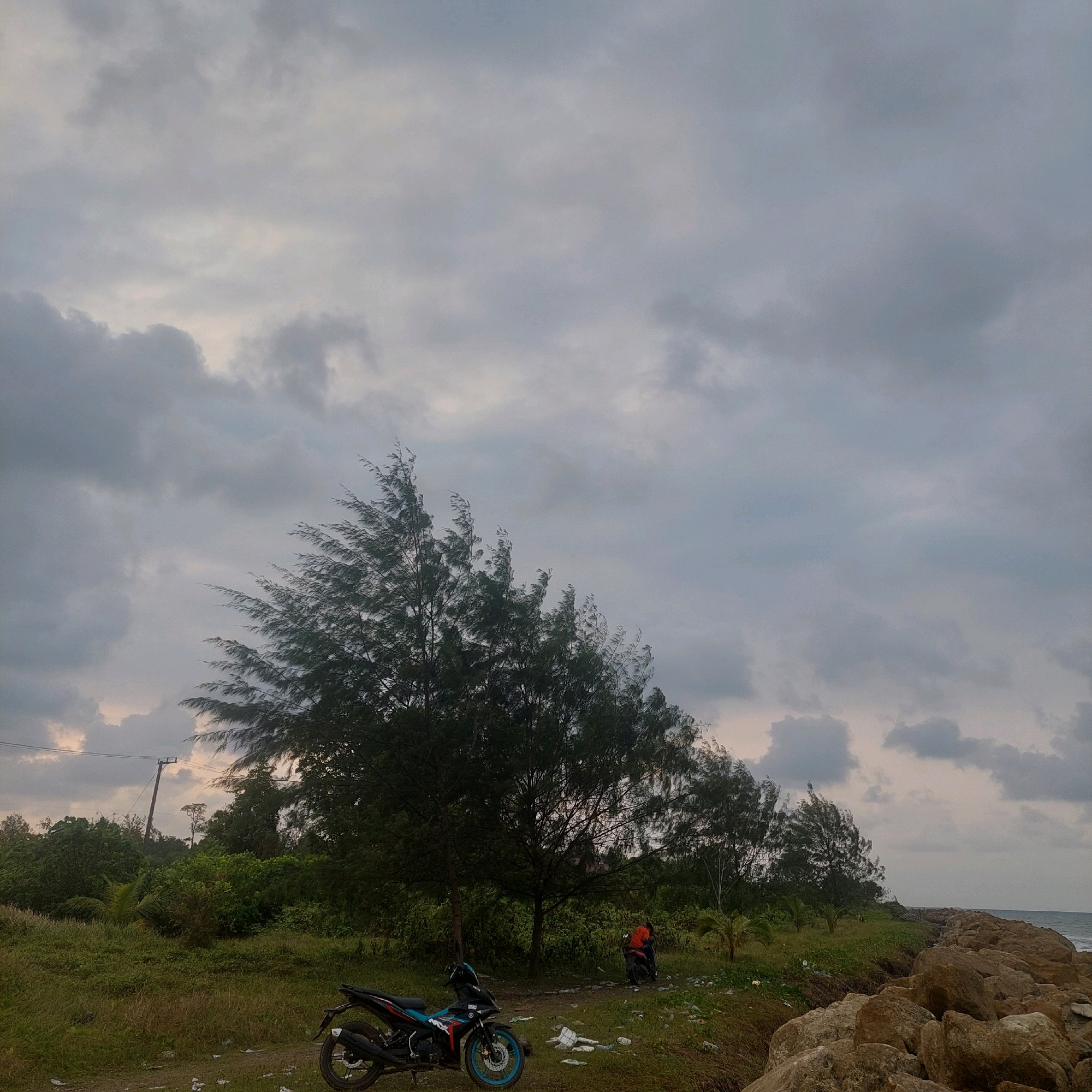 The image depicts an overcast sky over a natural landscape in Parilangke, Indonesia. In the foreground, a dirt path is visible with two motorcycles parked on it. One motorcycle, black with blue accents, is closer to the viewer, while another, a darker color with an orange-clad figure seated on it, is further back. The path leads into a grassy area with various trees and vegetation. A prominent, tall tree with slender branches dominates the mid-ground, its foliage rustling in the wind. To the right, a rocky shoreline meets the ocean, with calm water visible under the gray sky. A utility pole with wires is also present in the background. The overall scene suggests a quiet, natural setting, possibly near the coast, with a sense of impending weather due to the cloudy sky.
