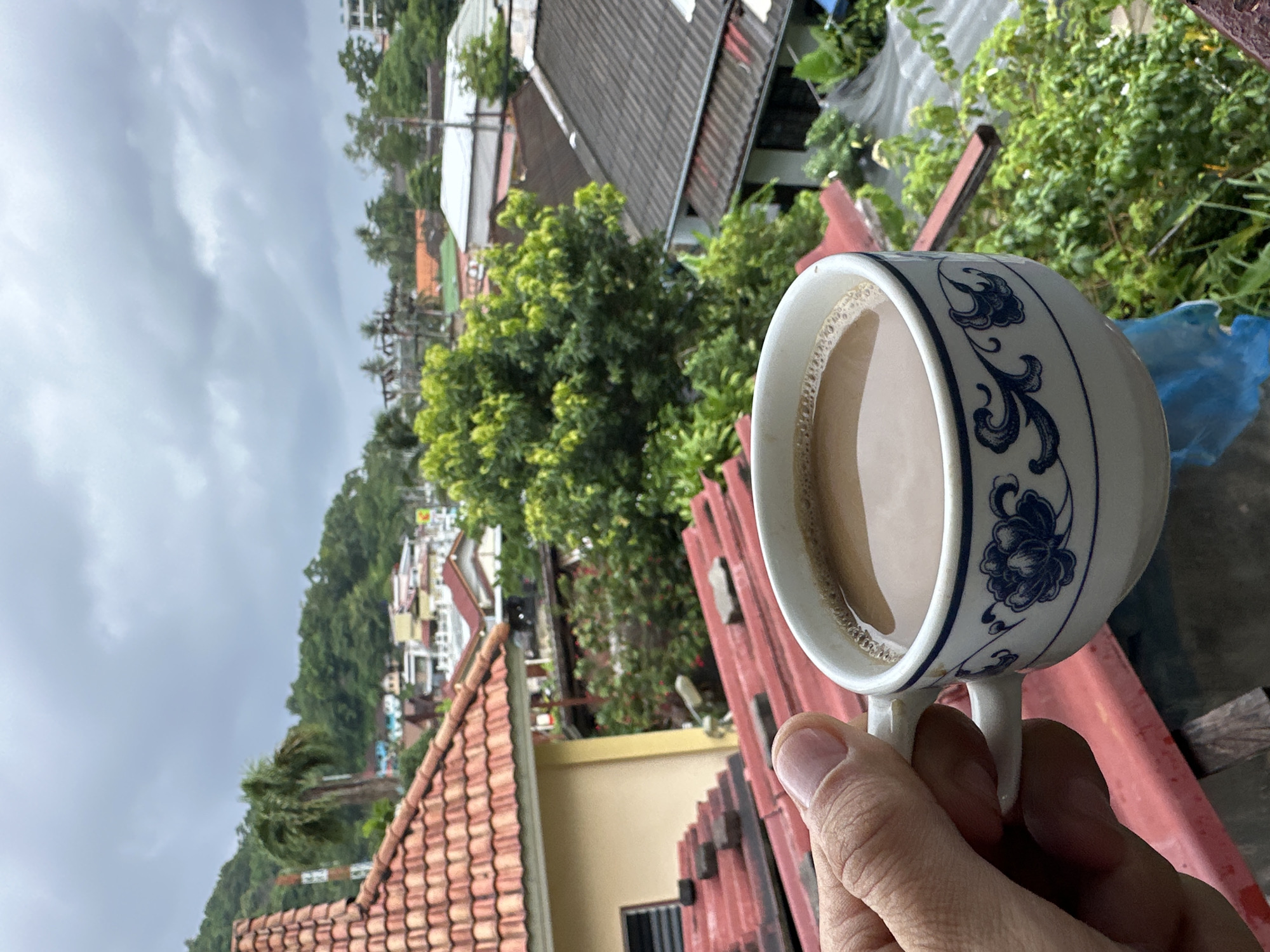 A close-up shot shows a hand holding a white ceramic mug with blue floral patterns filled with a light brown beverage, possibly coffee or tea. The mug is positioned in the foreground, obscuring part of the background. The background reveals a cloudy, overcast sky above a landscape of buildings and lush green trees. In the mid-ground, rooftops of houses with terracotta tiles and some with gray metal roofing are visible. A palm tree stands prominently on a hill in the distance. The scene appears to be an outdoor setting, possibly a balcony or window overlooking a residential area. The overall atmosphere is muted due to the cloudy weather. The location is identified as Karon, Thailand.