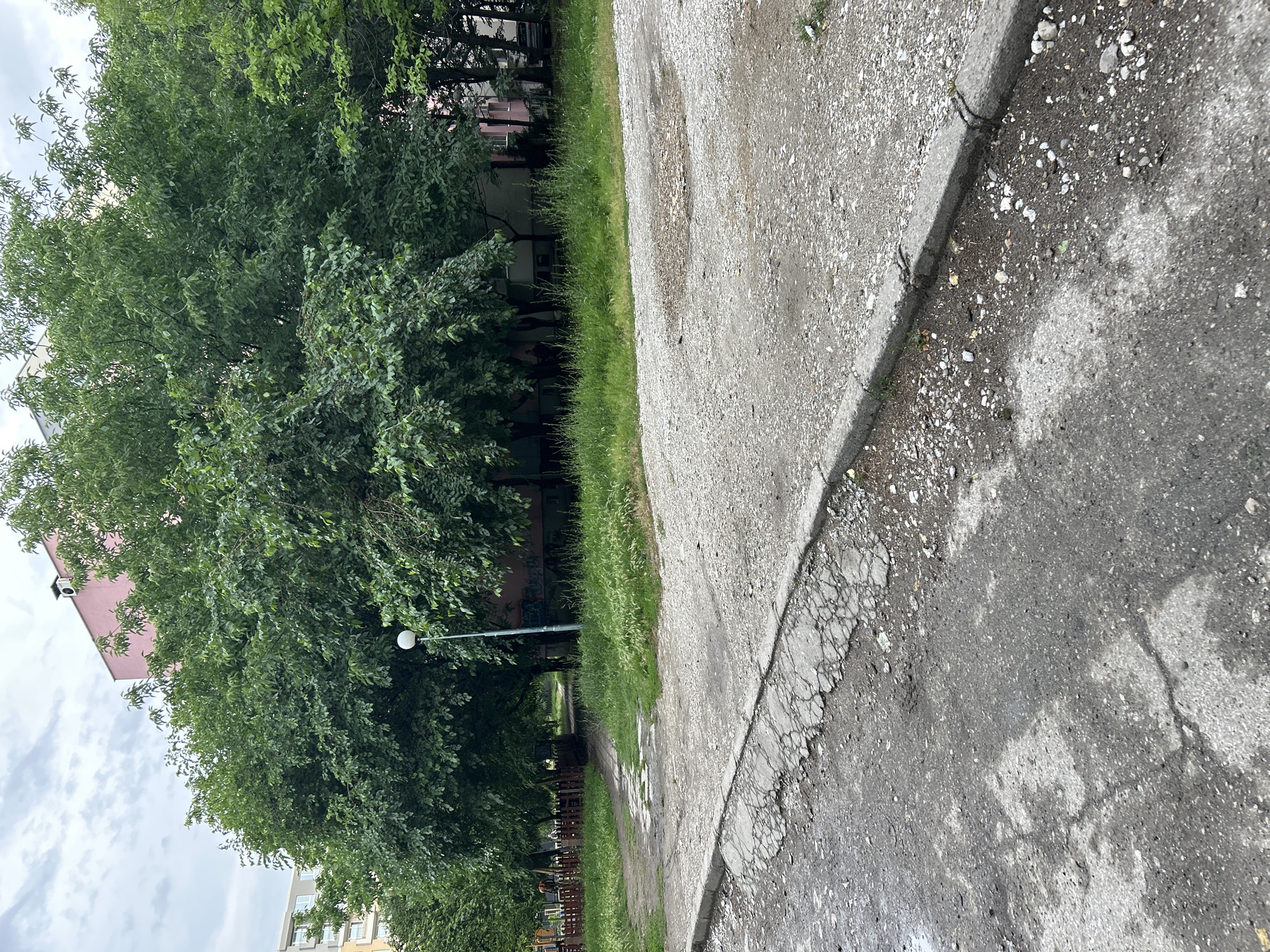 A view of a paved area with a damaged asphalt section in the foreground, bordering a gravel surface with a concrete curb. Beyond this, a dirt path leads through overgrown grass towards a dense cluster of trees. In the background, a light pink building with a visible air conditioning unit is partially obscured by the foliage. To the left, a light-colored building is visible. A lamppost stands in the middle ground near the trees. The scene appears to be an outdoor public space, possibly a courtyard or park area, in Plovdiv, Bulgaria.
