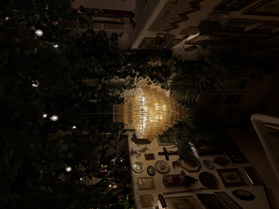 The image depicts the interior staircase area of Restaurant El Nacional, located in Barcelona, Spain. The scene is dimly lit with a warm, ambient glow emanating from a large, multi-tiered chandelier with amber-toned glass or acrylic components that hangs centrally. The ceiling and upper wall sections are extensively covered with dark green artificial foliage, intertwined with numerous small, illuminated Edison-style bulbs strung along vines.
The walls flanking the implied staircase are densely adorned with an eclectic collection of objects. On the left wall, numerous framed pictures of various sizes and shapes, decorative plates, a prominent wooden crucifix with a corpus, and smaller religious statues on wall-mounted shelves are visible. A long, dark rosary-like chain hangs vertically. On the right side, a patterned frieze runs along the upper wall, above additional framed art. Numerous potted plants, including several palm-like varieties, are placed around the base of the chandelier and along the lower wall sections, partially obscuring the view downwards. A light-colored railing, likely part of a staircase, is visible in the bottom left foreground, descending into a darker area. A single individual's head and shoulder are faintly discernible in the upper left background, partially obscured by foliage.
