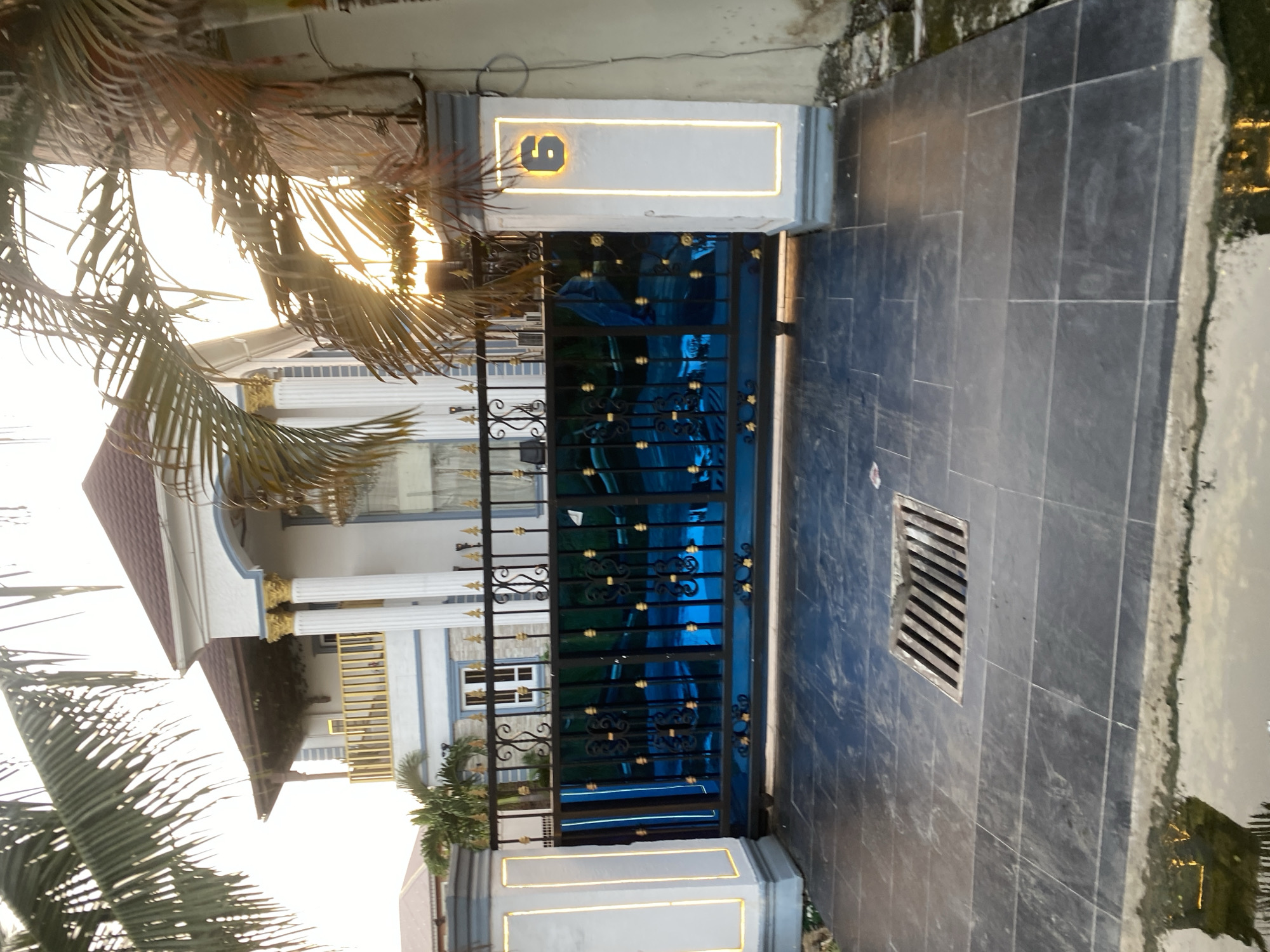 The image depicts the entrance of a building in Ado, Nigeria. The building features a gated entryway with the number "6" prominently displayed. The gate is ornate and decorated with gold accents. The building itself has a multi-story facade with white columns and gold trim. There are palm trees visible in the foreground, and the ground is paved with dark gray tiles. A drain is visible in the pavement.