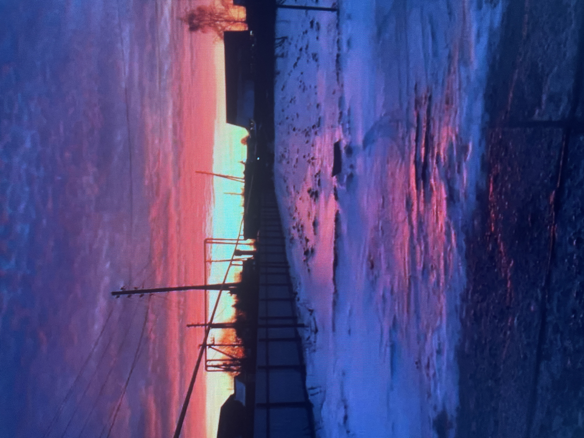 A wide shot captures a winter sunset in Sinyavino, Russia. The sky transitions from a deep purple at the top to a vibrant pink and orange horizon, with wispy clouds scattered throughout. In the foreground, a snow-covered field reflects the colorful sky, creating streaks of pink and purple light. A dark fence runs horizontally across the middle ground, separating the field from the background. Behind the fence, silhouetted buildings and utility poles are visible against the bright sky, with a lone tree on the right side. The overall impression is a serene yet dramatic winter landscape.