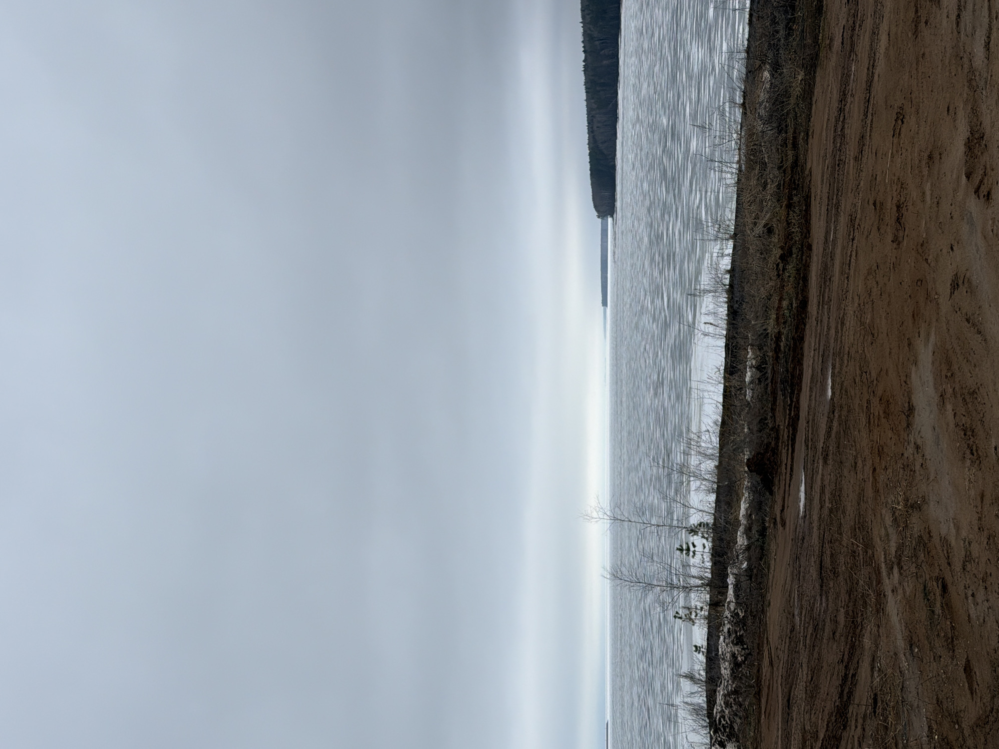 The image shows a landscape under a cloudy sky. On the left side of the image, there is a large body of water. A thin, dark line, possibly a forest, is visible in the distance across the water. The right side of the image consists of a shoreline with sparse vegetation and what appears to be a dirt or sandy path. The scene is likely a waterside location, possibly a lake or large river. Based on the query and information provided, the location is identified as the city of Chaikovsky, Russia.