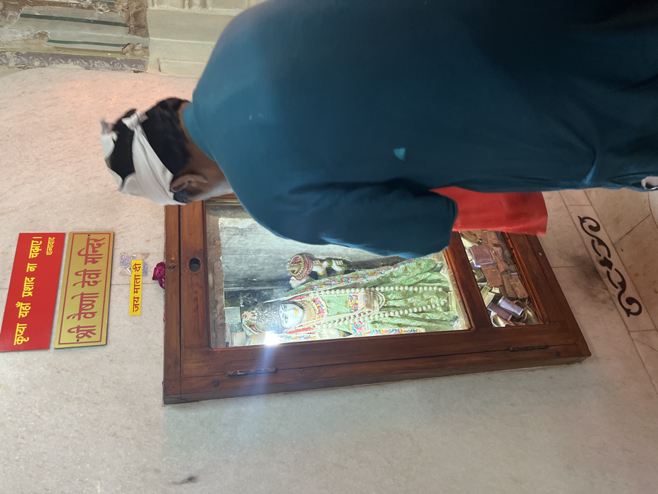 The image shows a man standing in front of a shrine in a temple. The shrine contains a statue of a deity, adorned with intricate jewelry and garments. The man is wearing a white head covering and a blue shirt. He is facing the shrine, with his back to the camera. The shrine is surrounded by a wooden frame, and the image is taken inside the temple. Above the shrine, there is a sign with the words "Shri Vejyo Devi Mandir" and "Jay Mata Di" written in Hindi. The temple is located at the coordinates 30.724 latitude and 76.861 longitude, which is within the city of Panchkula, India. There is a small red cloth resting on the bottom of the shrine. The environment is dimly lit. The floor is tiled and clean. There are no other people visible in the image.