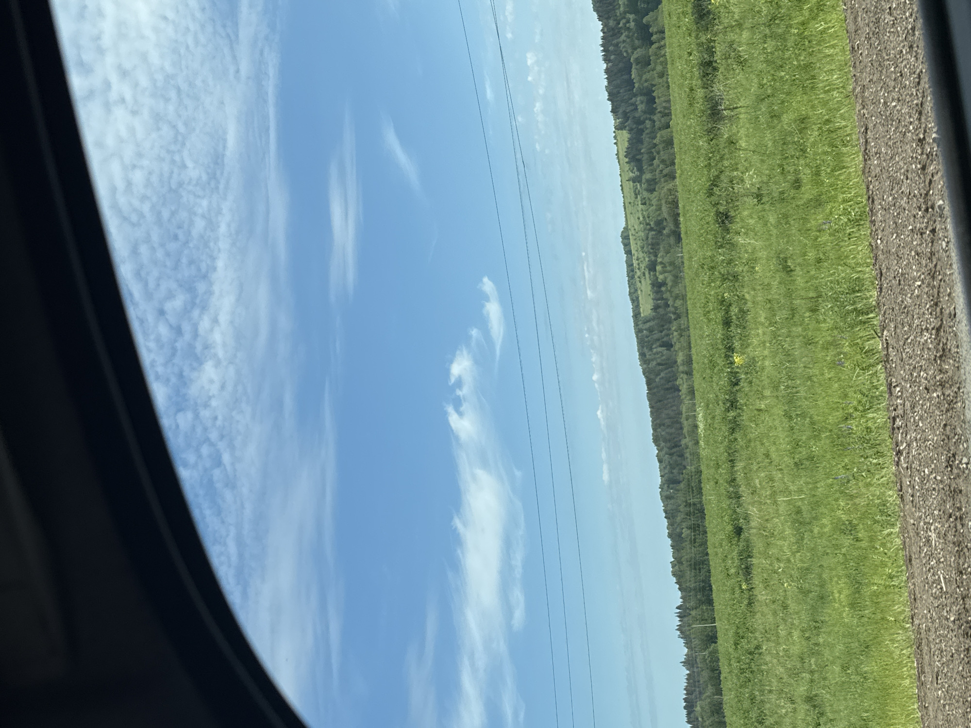 The image presents a bright, expansive rural landscape viewed from a vehicle, with a dark, curved window frame partially visible on the left edge. The scene is dominated by a clear blue sky, adorned with scattered white, wispy clouds, characteristic of fair weather. Several thin power lines stretch horizontally across the middle of the sky.
Below the sky, a distant, dense line of dark green trees forms the horizon, indicating a forest. In the foreground, a large, vibrant green field of grass or crops extends towards the horizon, displaying subtle hints of small yellow and purple wildflowers. To the right of the field, a strip of coarse, brownish-grey material, likely a gravel road shoulder or unpaved road, is visible.
The time of day appears to be midday or early afternoon, marked by the bright, even lighting and absence of long shadows. The weather is clear and sunny with light cloud cover. The overall impression is a serene, open, natural environment, consistent with a rural setting such as Nytva, Russia. No visible text is present in the image.
