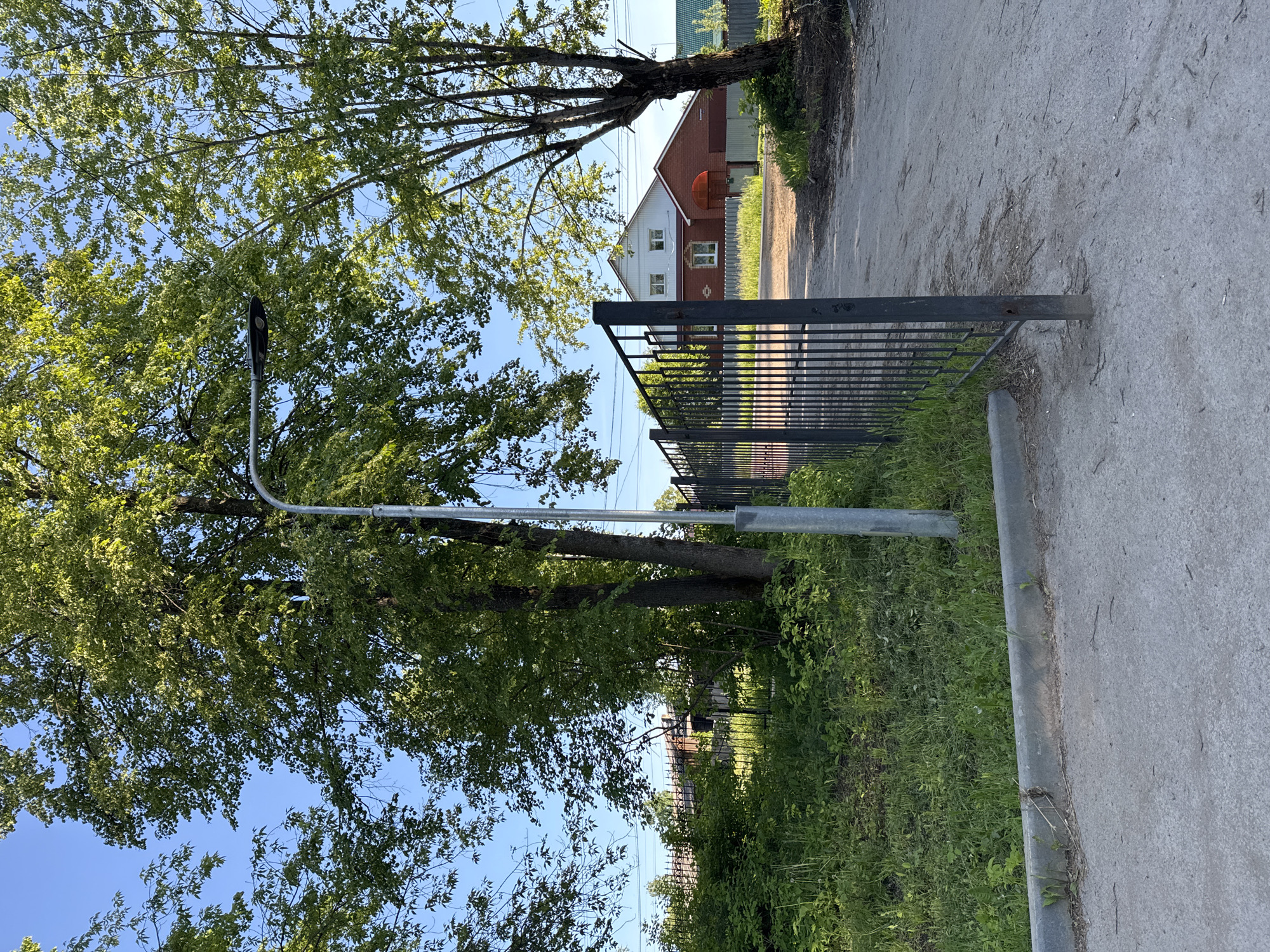 This image depicts an outdoor scene in Vereshchagino, Russia, on a clear, sunny day, likely during spring or summer. The foreground features a concrete or asphalt path running horizontally, with a grey concrete curb on its left edge. Beyond the curb, an overgrown area of green grass and weeds extends.
A tall, grey metal street light pole with a dark, modern LED fixture stands centrally on the left side of the path. To its right, a dark grey or black metal fence, constructed of vertical bars, extends across the midground. This fence appears to be a gate, with an open section revealing a dirt path leading into a property. The right post of this gate is visible.
Multiple large deciduous trees with lush, vibrant green foliage dominate the midground and background, obscuring parts of the view. Sunlight filters through their leaves, creating bright highlights.
Through the gate opening and beyond the dirt path, a two-story residential house is visible. The lower section of the house is constructed of red brick with white-framed windows, while the upper story features white siding and two prominent white-framed dormer windows. A red-roofed awning or small portico covers an entrance on the right side of the brick section. A low fence, possibly corrugated metal, runs in front of the house to the right.
The background consists of a clear, bright blue sky with no clouds. Hints of other structures and foliage, including a light green roof, are discernible in the far distance. No people, animals, or specific actions are present in the static scene.