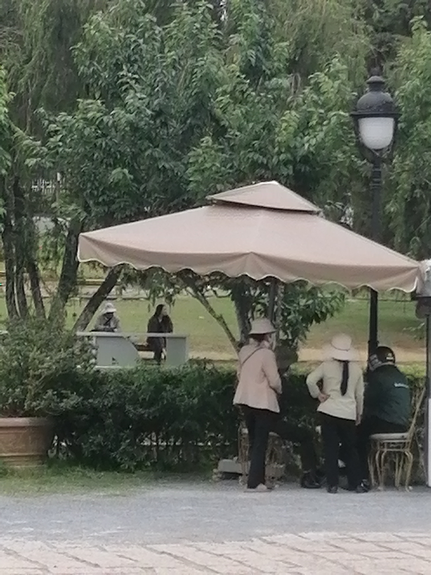 The image depicts a serene outdoor scene, likely in Da Lat, Vietnam, under what appears to be overcast or early morning lighting, suggesting a cool, temperate atmosphere. Several individuals are gathered under a large, light-colored canopy, which provides shade from the elements.
In the foreground, three people are visible. One person, wearing a light-colored hat and a beige jacket over dark pants, stands facing away from the camera. To their right, another person in a white hat and a light-colored top with a dark tie is seen with their hands on their hips. Further to the right, a third person in a dark green jacket sits on a decorative metal chair, also facing away. Their attire suggests they are dressed for cooler weather.
In the middle ground, further back under the canopy, two more individuals are seated on a bench. One person wears a wide-brimmed hat and appears to be looking down. Next to them, another person in dark clothing is seated.
The setting is lush and green, with abundant trees and foliage surrounding the area. A traditional-style black lamppost with a white globe stands to the right of the canopy. In the far left of the image, a large, ornate planter is partially visible. The ground is covered with a light-colored gravel path, with hints of paving stones in the foreground. The overall impression is one of a peaceful gathering or a moment of rest in a garden or park-like environment. No visible text is present in the image.