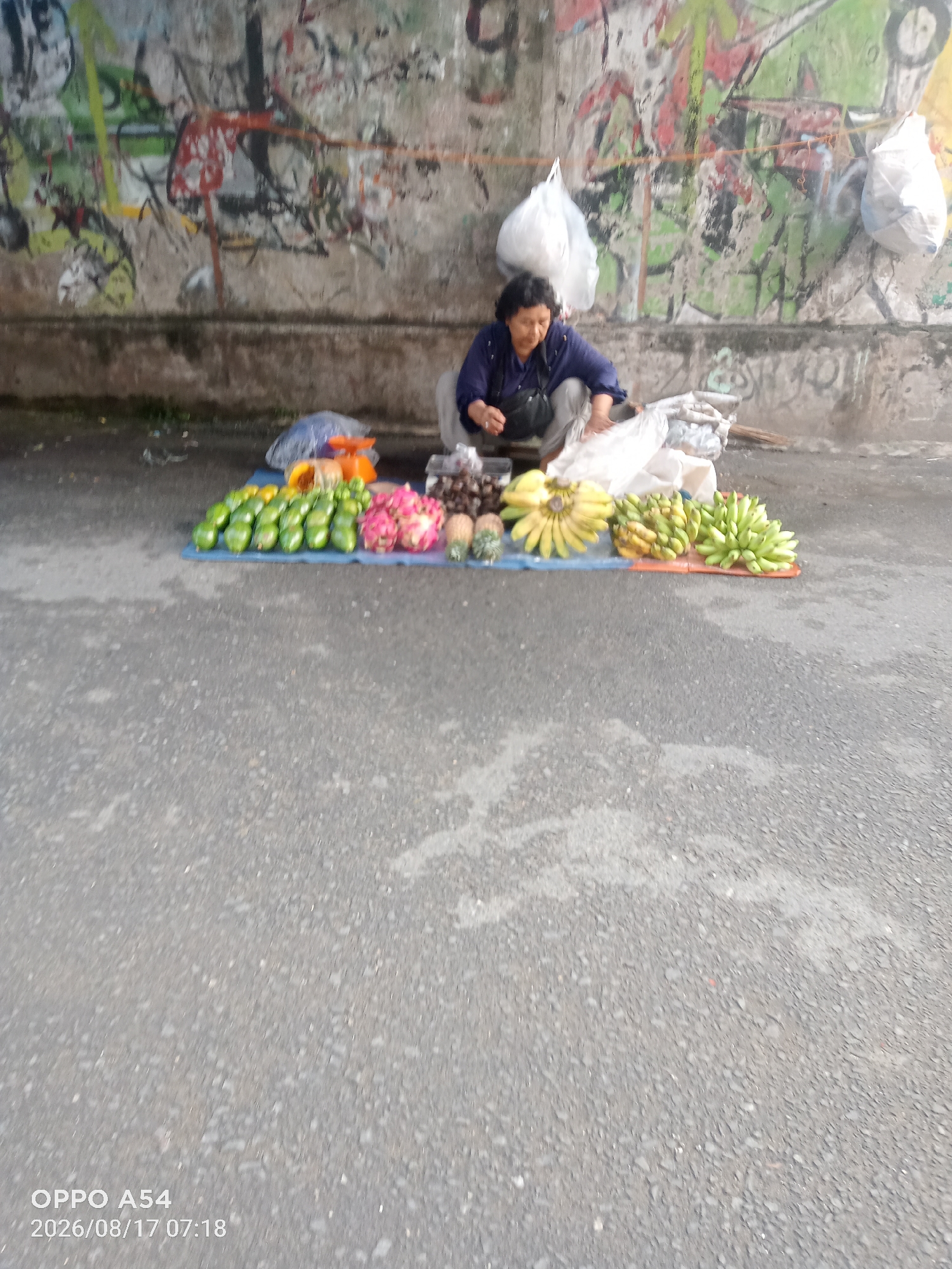 A woman is selling fruits from a mat on the ground under a graffiti-covered overpass or bridge in Jambi, Indonesia. She is wearing a dark blue top and grey pants and is crouched down, handling some of the produce. The fruits displayed include avocados, dragon fruit, bananas, pineapples, and possibly other items. There are also some plastic bags and a small orange scale present. The ground is asphalt, and the wall behind her is covered in colorful graffiti. The image has a timestamp indicating it was taken on August 17, 2026, at 07:18.