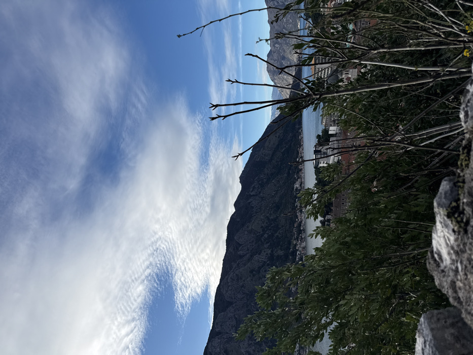 The image displays a picturesque, panoramic landscape, appearing to be taken from an elevated viewpoint. The photo is oriented vertically but depicts a horizontal scene when rotated correctly.
In the upper portion of the frame, a vibrant blue sky is filled with a variety of clouds. Wispy, elongated cirrus clouds stretch across the expanse, interspersed with areas of lighter, more textured altocumulus clouds that show a distinct ripple or wave-like pattern in places. The sky appears clear and bright, suggesting fair weather.
Dominating the mid-ground is a large, dark mountain range with rugged, rocky terrain. Its peaks and slopes are sharply defined against the sky and the water, casting subtle shadows that emphasize its contours. The mountain range extends across the width of the image.
Below the main mountain range and stretching towards the background is a serene body of water, likely a bay or a large lake. The water's surface appears calm, reflecting the blue of the sky and showing variations in shade from deep blue-green to lighter tones. Along the shore of this water body, nestled at the base of the mountains, a town or city is visible. Buildings with various architectural styles, including some with reddish-brown roofs and lighter-colored walls, are densely packed along the coastline, suggesting a vibrant settlement. Further in the distance, across the water, another range of mountains can be seen, appearing lighter and somewhat hazy, indicating their distance.
In the immediate foreground, particularly on the right side of the image, there are elements of lush greenery and natural rock formations. Bare tree branches with small, emerging buds are prominent, suggesting late winter or early spring. Denser green foliage from bushes and trees partially frames the view of the water and town. The far bottom right features large, irregular grey rocks, some of which appear to be covered with moss or lichen, reinforcing the natural, elevated perspective from which the photograph was taken.
The lighting indicates daytime, possibly late morning or early afternoon, given the brightness of the sky and the clarity of the scene. No text is visible in the image. The combination of towering mountains, a tranquil body of water, and a coastal town suggests a location rich in natural beauty, possibly a Mediterranean or Adriatic coastal region.