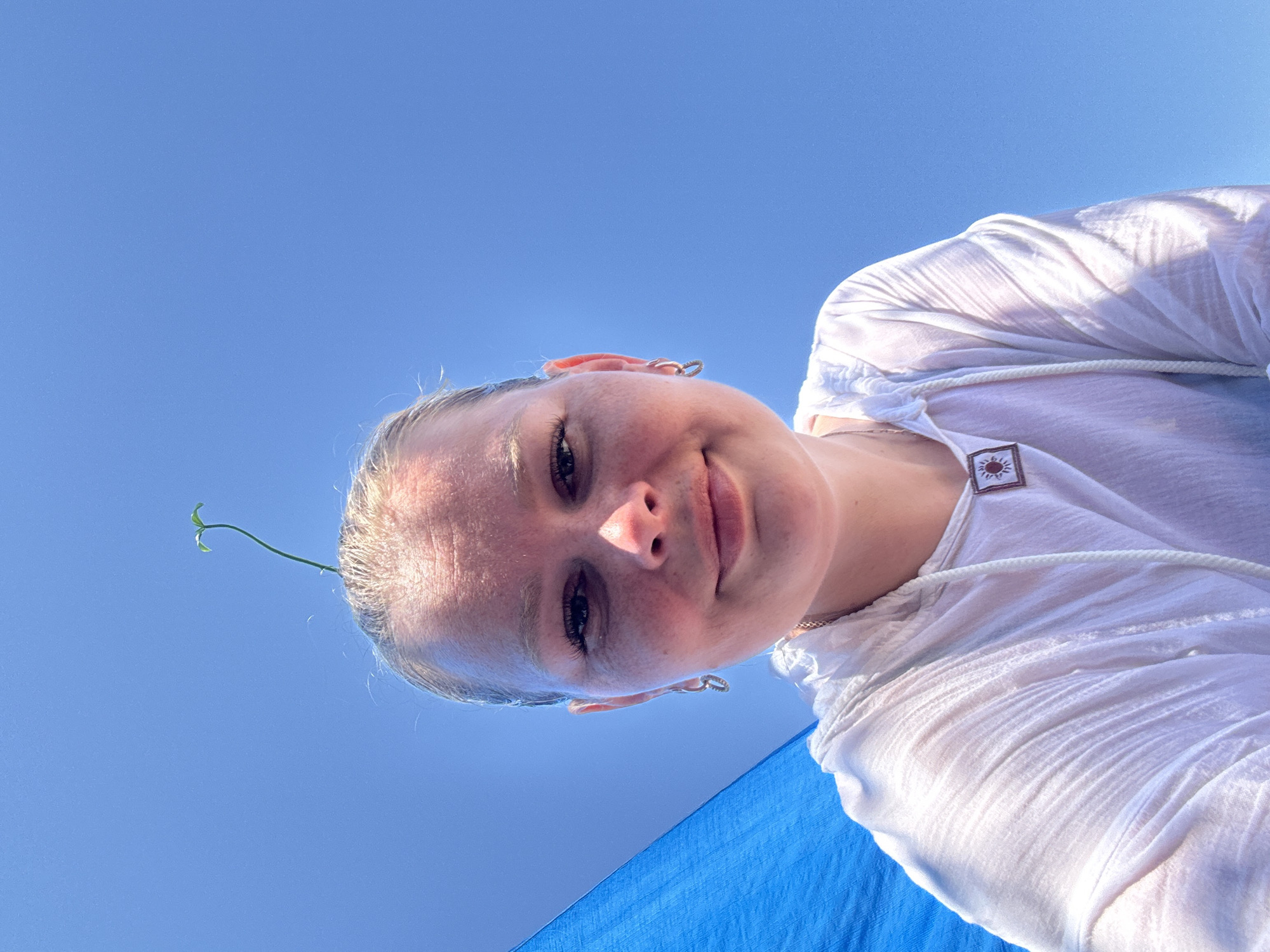 A young Caucasian female with blonde hair pulled back is looking at the camera from a low angle, set against a clear blue sky. A small green sprout is growing from the top of her head. She is wearing a white hooded shirt with a sun pendant. A large piece of blue fabric is visible to the left of the frame. The image appears to be taken outdoors on a sunny day, potentially in the city of Zhemchuzhny, Russia, given the consistent clear blue sky and sparse vegetation indicated by the sprout.