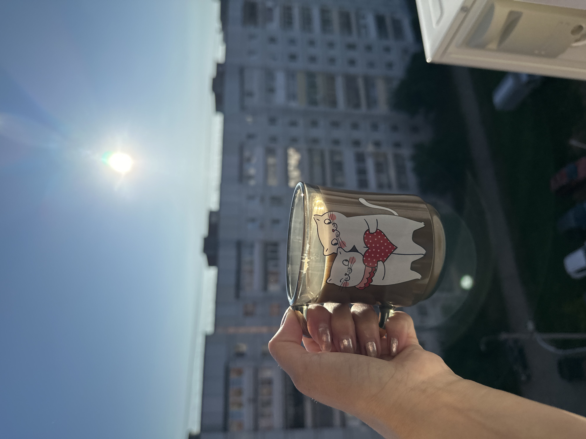 A hand with metallic silver nail polish holds a clear glass mug filled with coffee. The mug features a printed design of two cartoon cats hugging a heart. The mug is positioned in front of a blurred background of a high-rise apartment building, suggesting an urban setting. The sun is visible in the sky, casting a lens flare. The image appears to have been taken outdoors, possibly from a balcony or window, overlooking a cityscape. The location is identified as Chaikovsky, Russia.