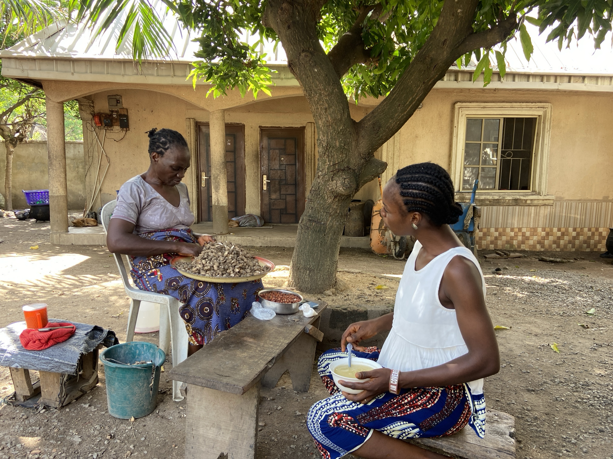 Two African women are sitting outside a one-story residential building in Mararaba, Nigeria. The building has two doorways, a barred window, and an electric meter. A large tree is positioned between the women and the building, partially shading them. The woman on the left is seated on a white plastic chair, with a large tray of small, brown root vegetables, potentially peanuts, on her lap. She wears a short-sleeved light-colored shirt and a patterned blue skirt. A makeshift table next to her holds a red cloth, a container with a red substance, and a green bucket. The woman on the right is seated on a small wooden bench, wearing a white sleeveless top and a patterned blue skirt, mirroring the other woman's clothing. She is eating from a white bowl with a spoon. Between them on the wooden bench sits a silver bowl with peanuts. The environment is characterized by dirt and gravel.