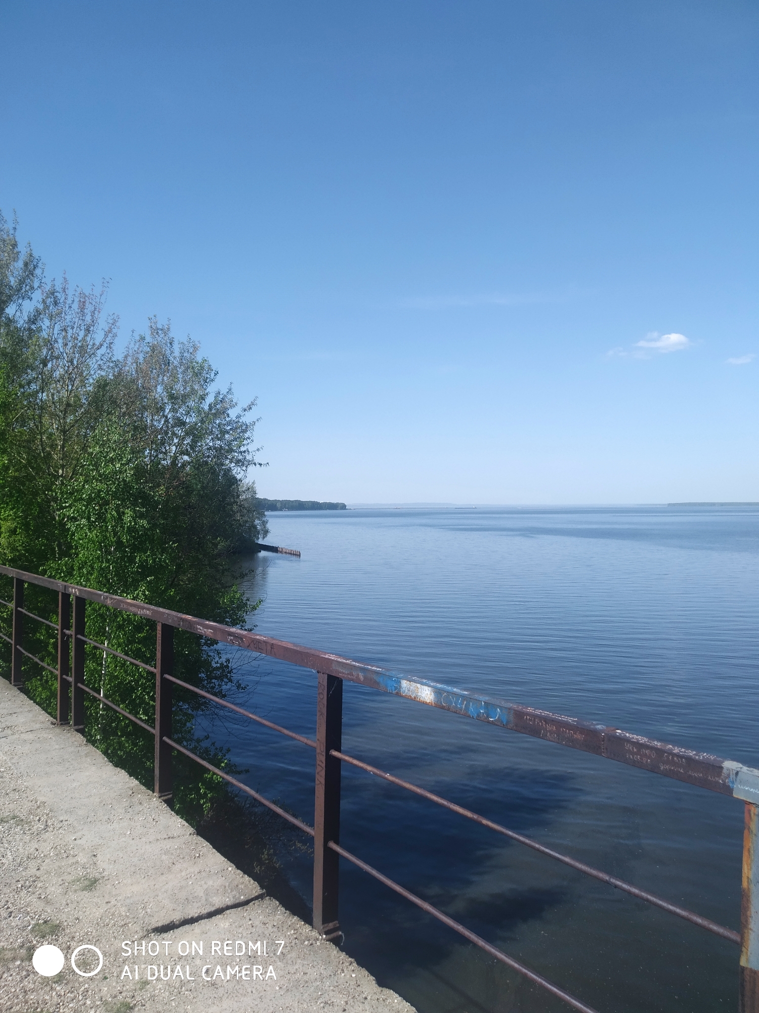 The image depicts a waterfront view in Chaikovsky, Russia, taken from a bridge. The scene features a calm body of water, likely a river or lake, stretching horizontally across the frame. On the left side of the image, lush green trees line the shore. A metal railing runs along the side of the bridge, providing a safety barrier. In the distance, a strip of land is visible across the water. The sky is clear and blue, with a single small cloud visible. The overall scene suggests a peaceful, natural environment in an urban setting. Graffiti is written on the metal railing. A watermark indicating the image was taken with a Redmi 7 AI Dual Camera is visible in the lower left corner.