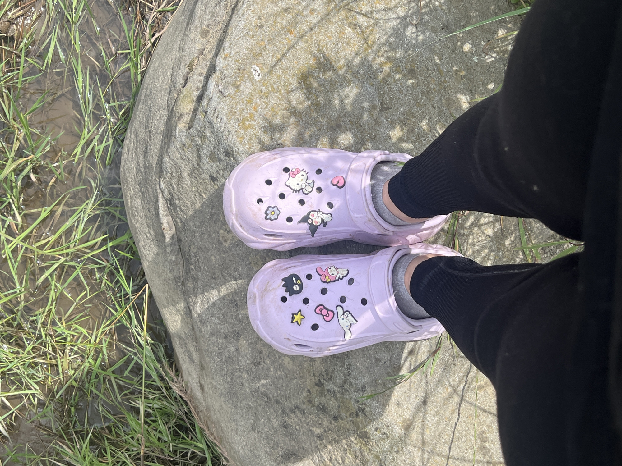 A first-person perspective shot shows a person wearing light purple Crocs with various Sanrio character charms, including Hello Kitty, Kuromi, and My Melody, along with a yellow star. The Crocs are worn over grey socks and black pants. The person is standing on a large, grey, textured rock. To the upper right of the rock, there is a body of water with green grass growing in it, suggesting a natural or park-like setting. The overall lighting indicates a sunny day. The location is identified as Ust-Chorna, Ukraine.