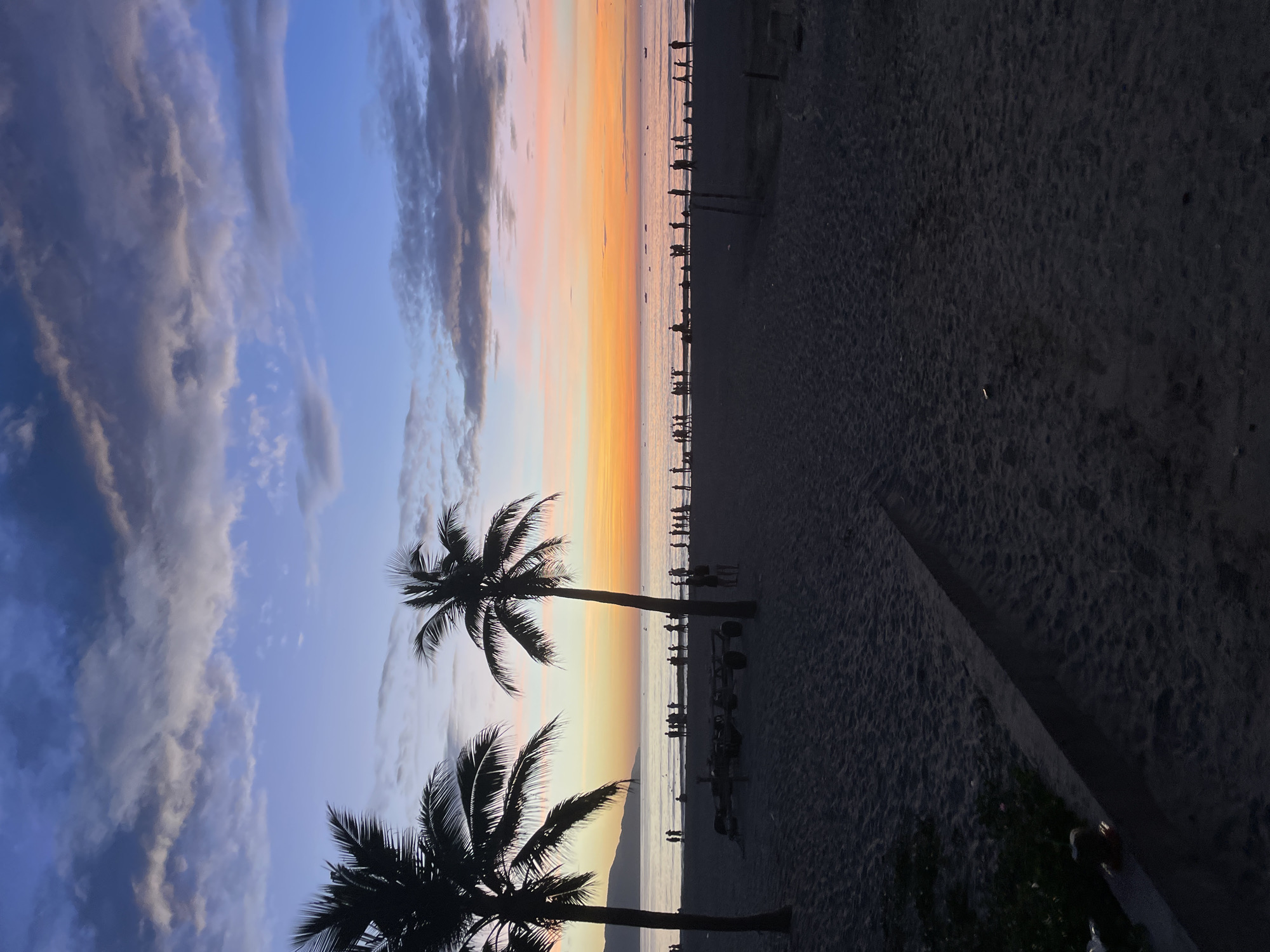 This is a photograph of a beach in Da Nang, Vietnam, during sunset. Two silhouetted palm trees are prominently featured in the foreground, with their fronds reaching upwards. The sand of the beach occupies the lower half of the image, with a dark, raised concrete structure running diagonally across the foreground.
In the middle ground, a line of people are silhouetted against the colorful sky and ocean. They appear to be standing or walking along the shoreline, with some further out in the shallow water. Several small boats are visible on the calm water.
The background displays a vibrant sunset sky, transitioning from deep blue and purple at the top to hues of orange and pink near the horizon. Distant mountains can be seen silhouetted against the sky on the left side of the image. The overall scene depicts a tranquil evening at the beach.