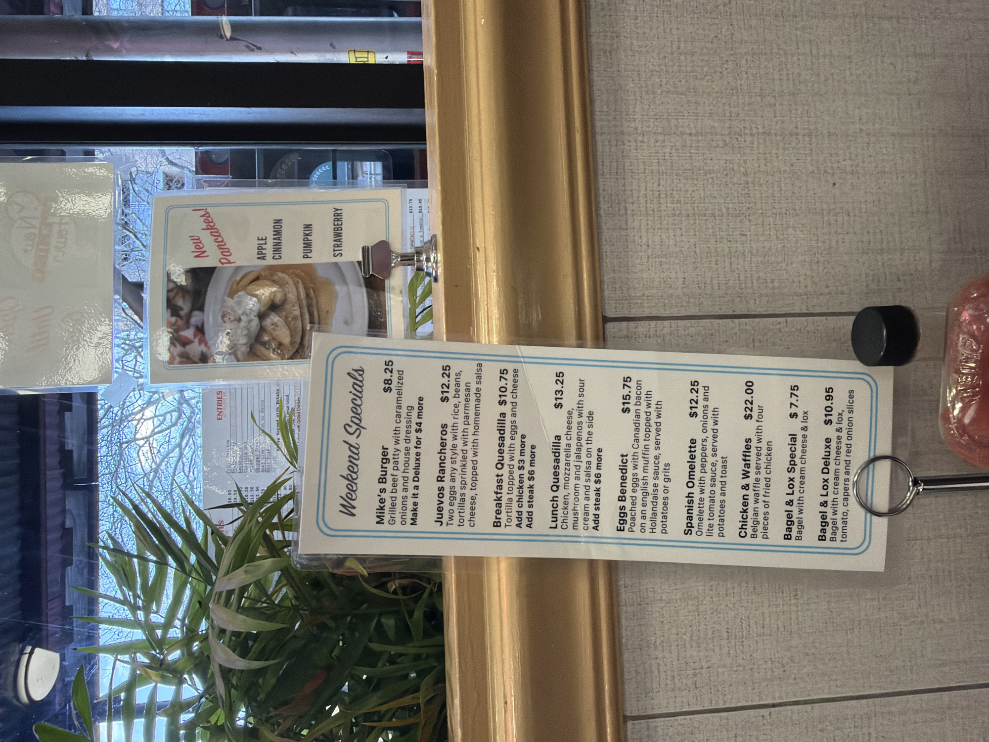 The image shows a restaurant menu displaying "Weekend Specials," including dishes like Mike's Burger, Juevos Rancheros, and Chicken & Waffles. The menu includes prices, descriptions, and add-on options. A plant sits nearby. The photograph appears to be taken indoors, possibly near a window. There is nothing in the image to indicate it is in New York City.