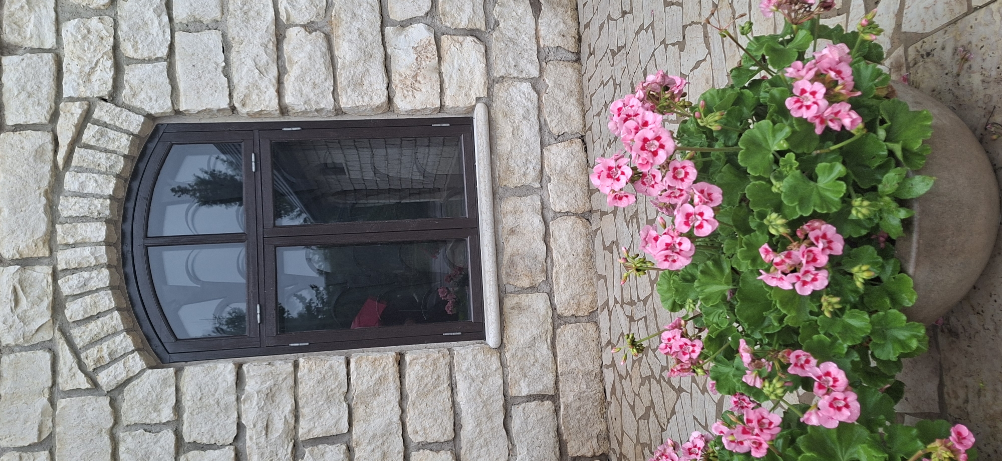 The image shows a close-up view of a stone building with a dark-framed, arched window. In the foreground, a pot of pink geraniums with green leaves is visible. The building is constructed of light-colored, rough-hewn stone blocks. The window is divided into four panes, with a dark wooden frame. Reflections of trees and part of another building are visible in the window glass. The ground in front of the building is paved with irregular-shaped stones. The scene appears to be an exterior shot, possibly in a garden or courtyard. The location is Kaali, Estonia.