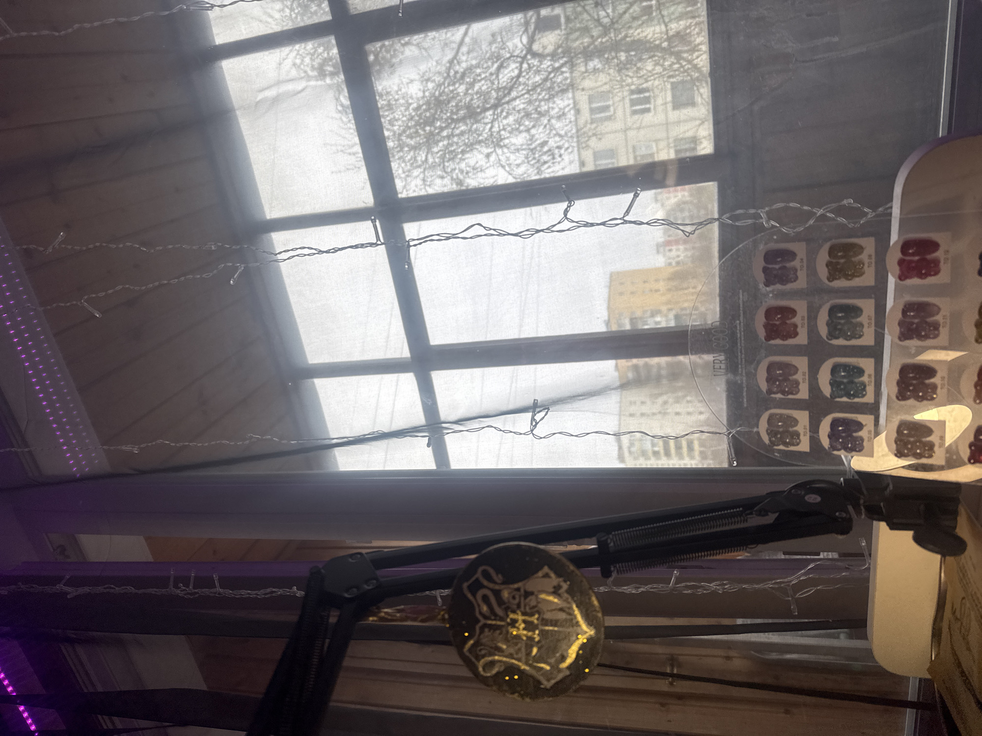 The image shows an indoor scene with a view through a window. The window has a grid-like pattern and shows buildings, possibly residential, in the distance. The scene appears to be daytime, with overcast or snowy conditions outside.
Hanging below the window are strings of small, white lights. There is a microphone stand with a Harry Potter decoration attached. There's a display case with a "VERY GOOD" label and rows of what appear to be images of various jewelry pieces. The building in the background appears to be an apartment building.
Given the architectural style of the buildings in the background, it is possible that the image was taken in Moscow, Russia.
