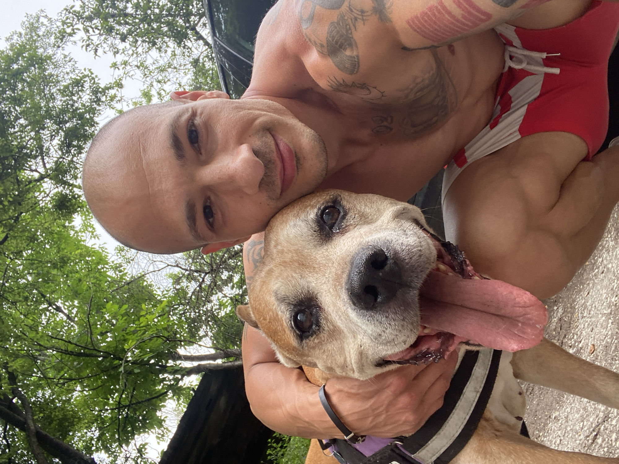 A man and a dog are taking a selfie outdoors. The man has a shaved head and tattoos on his arms and chest. He is wearing red and white striped shorts. The dog is a light brown pit bull mix with its tongue hanging out. The man's arm is around the dog's neck, and the dog's head is resting on the man's shoulder. They are both looking at the camera. In the background, there are trees and a car. The ground is paved with gravel.